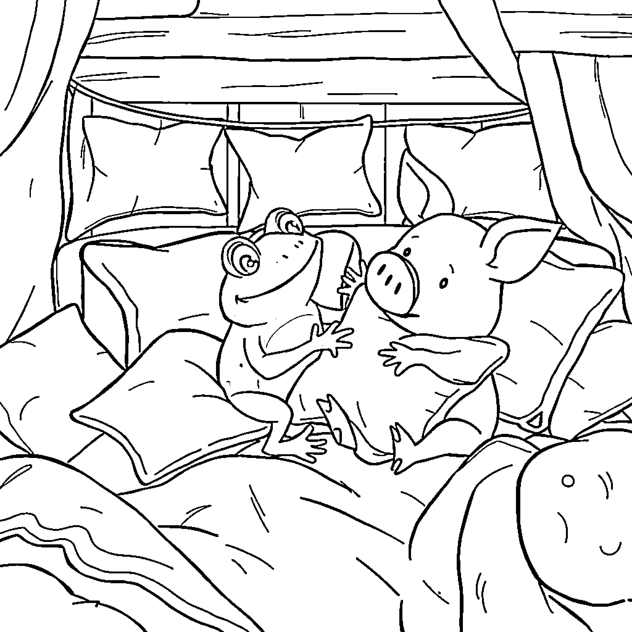 Frogs enjoying cozy time in bed Coloring Page (free black-and-white line drawing printable PDF for all, from beginners to advanced learners, including children, teens, adults, and seniors)