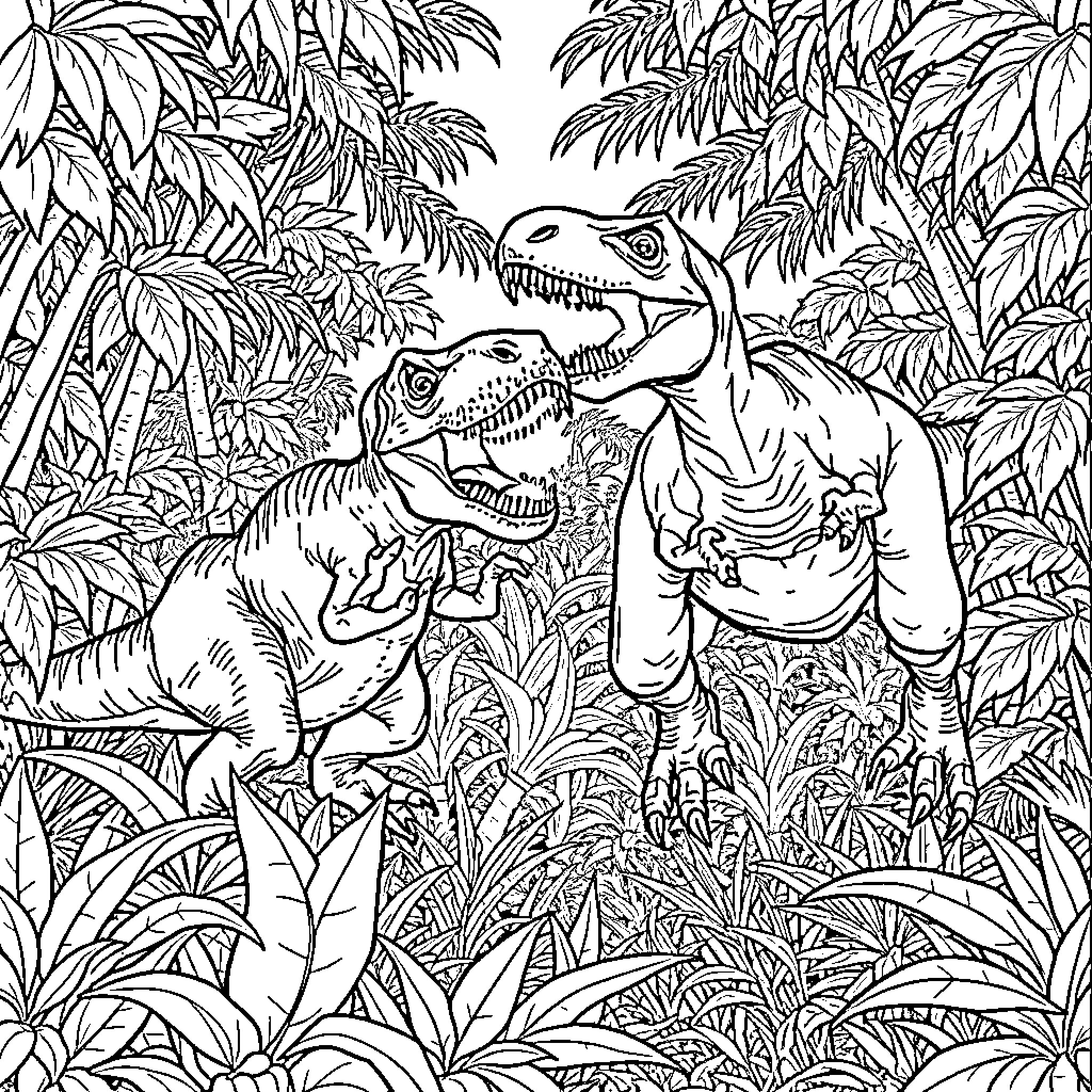 Dinosaurs Roaming in the Lush Jungle Coloring Page (free black-and-white line drawing printable PDF for all, from beginners to advanced learners, including children, teens, adults, and seniors)