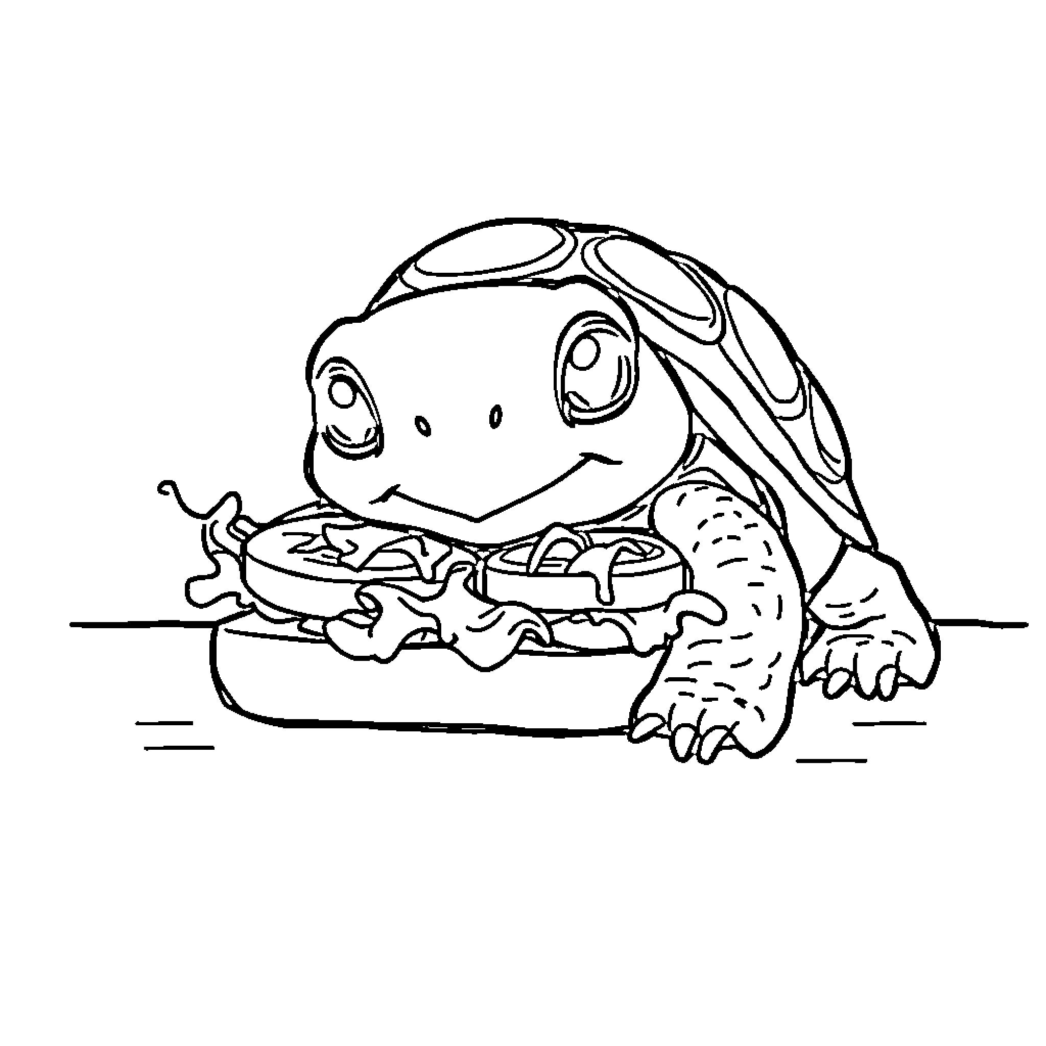 Turtle eagerly eating a hamburger Coloring Page (free black-and-white line drawing printable PDF for all, from beginners to advanced learners, including children, teens, adults, and seniors)