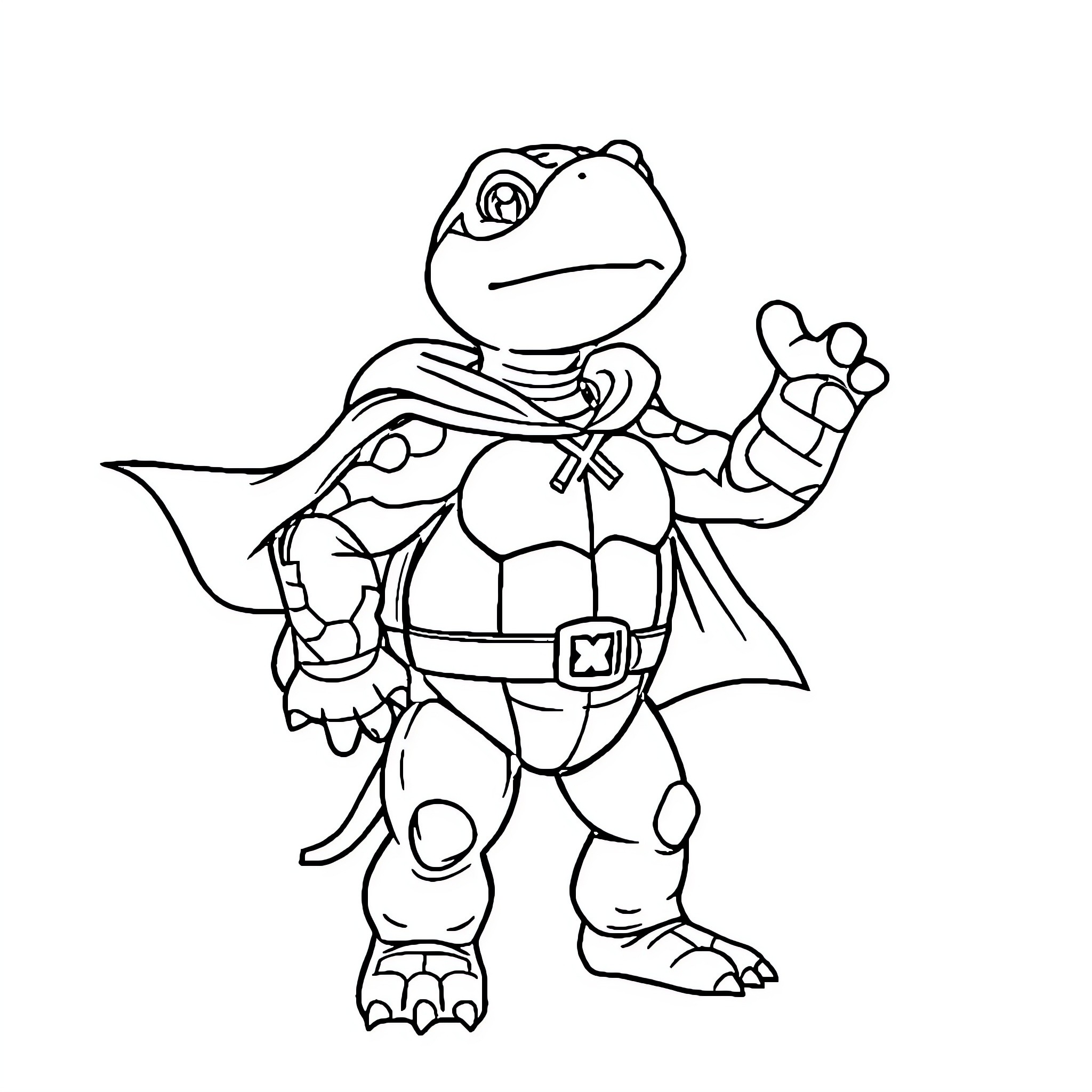 Turtle Superhero in Costume Posing Coloring Page (free black-and-white line drawing printable PDF for all, from beginners to advanced learners, including children, teens, adults, and seniors)