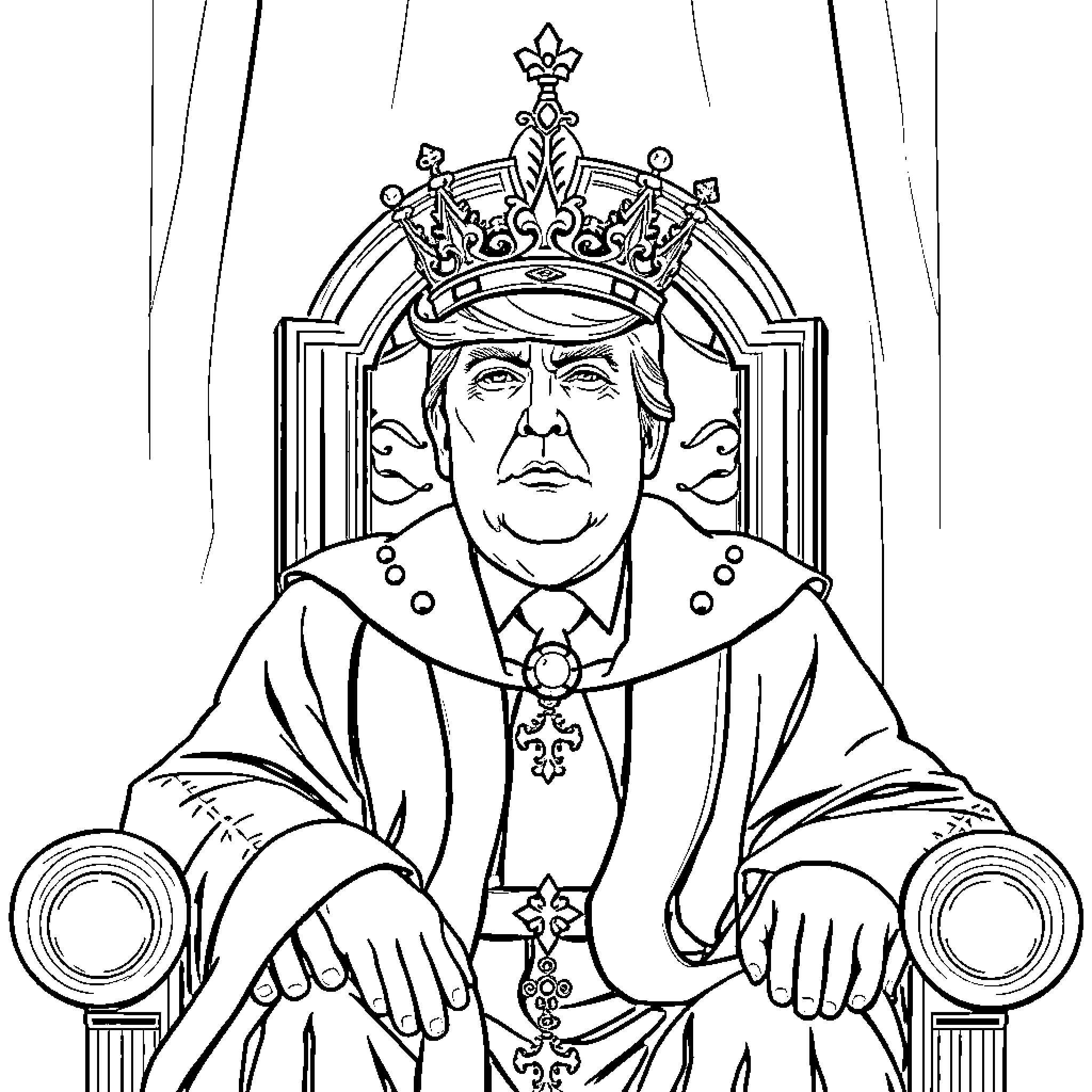 Trump sitting on throne with ornate crown Coloring Page (free black-and-white line drawing printable PDF for all, from beginners to advanced learners, including children, teens, adults, and seniors)