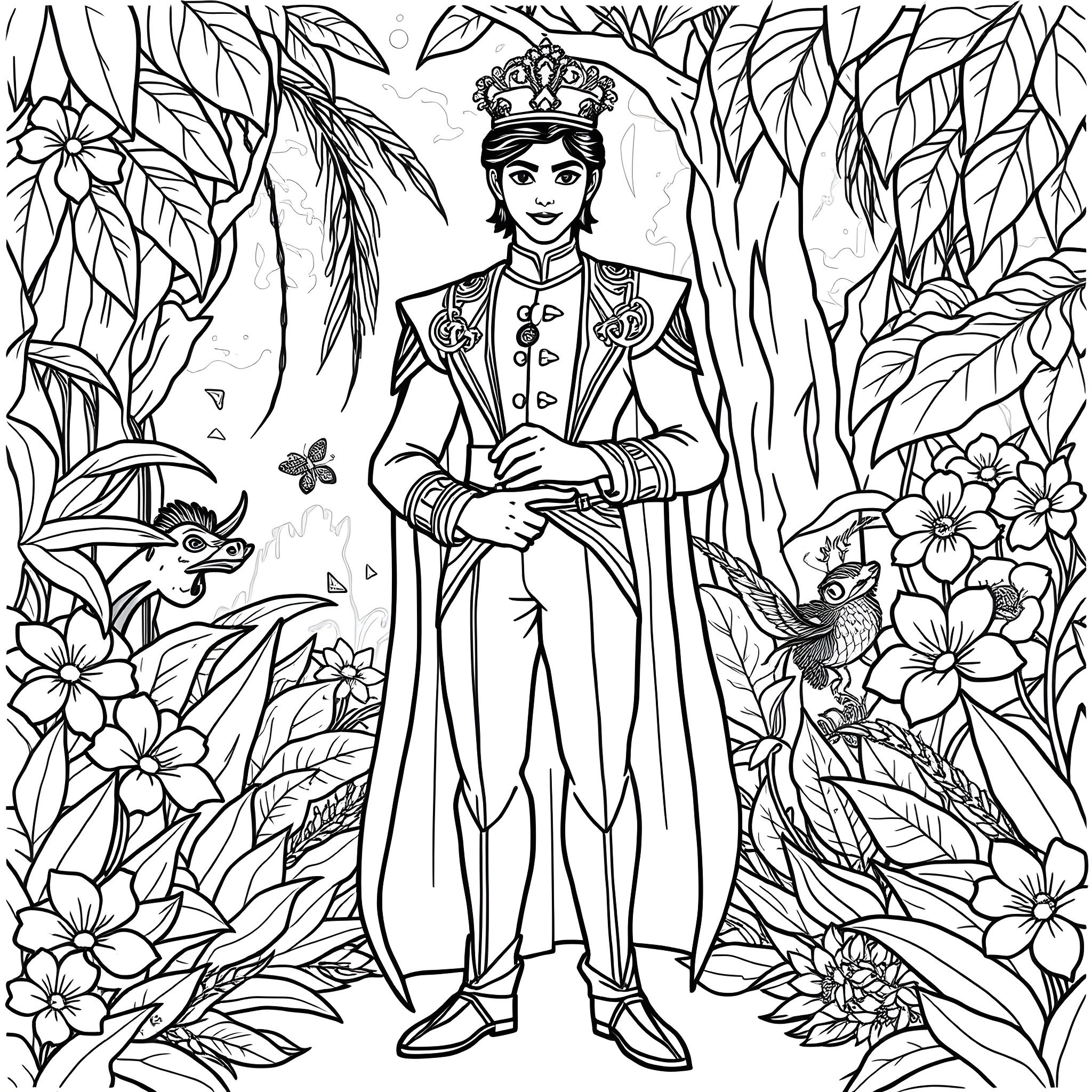Prince Naveen in a Lush Tropical Garden Coloring Page (free black-and-white line drawing printable PDF for all, from beginners to advanced learners, including children, teens, adults, and seniors)