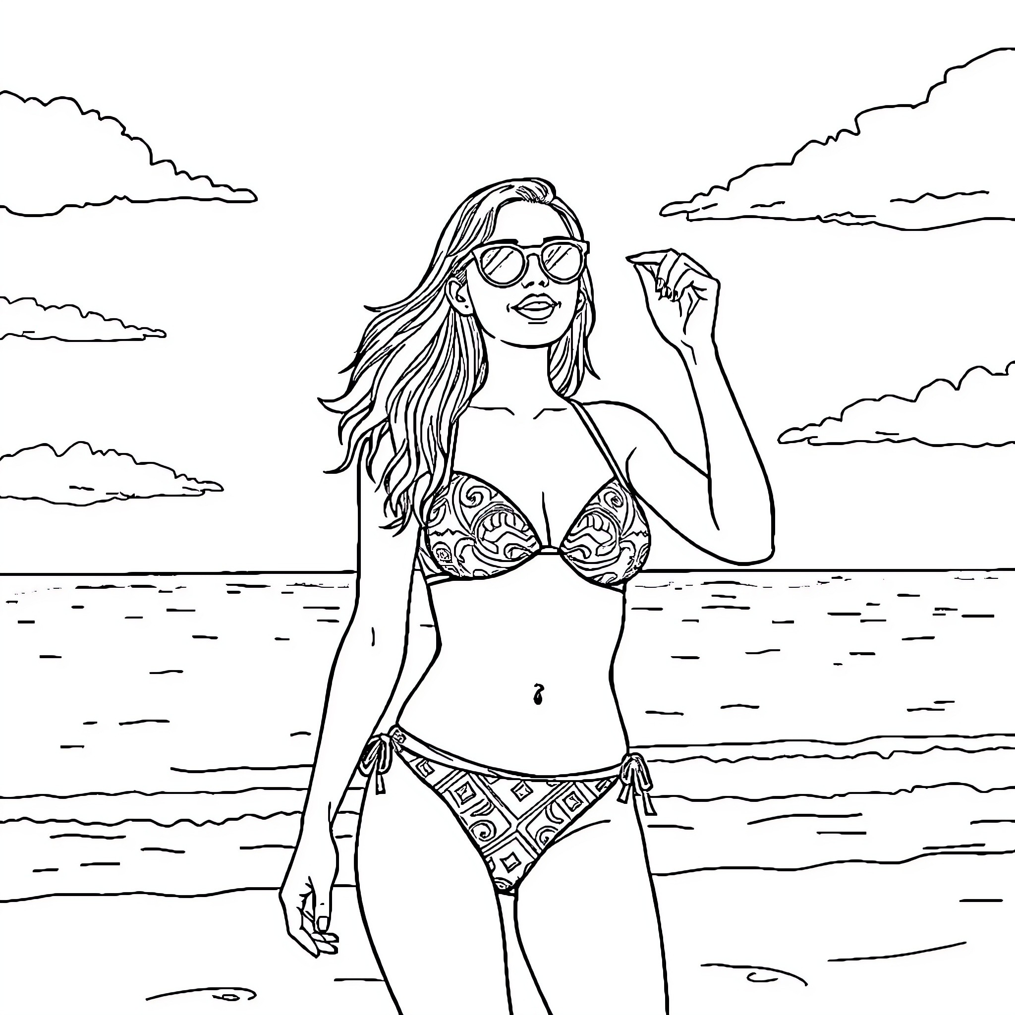 Youtuber in stylish swimsuit enjoying beach scenery Coloring Page (free black-and-white line drawing printable PDF for all, from beginners to advanced learners, including children, teens, adults, and seniors)