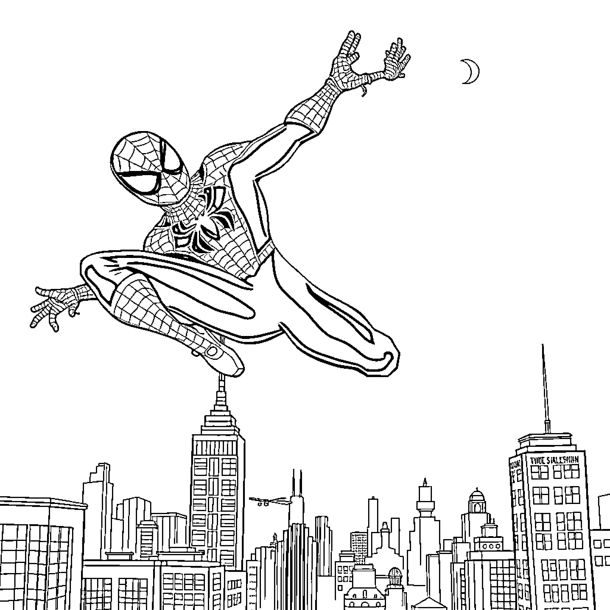 Spider-Man leaping heroically over New York cityscape Coloring Page (free black-and-white line drawing printable PDF for all, from beginners to advanced learners, including children, teens, adults, and seniors)