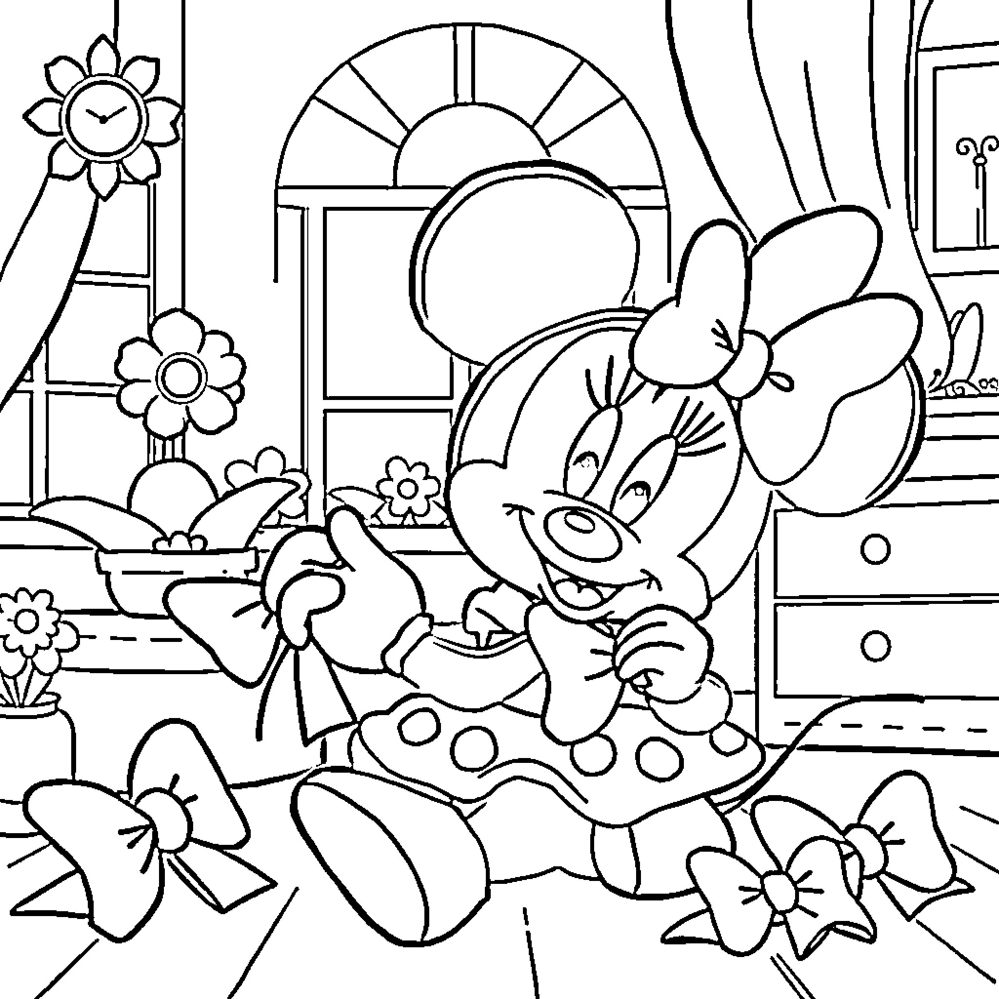 Minnie Mouse enjoying a cozy home setting Coloring Page (free black-and-white line drawing printable PDF for all, from beginners to advanced learners, including children, teens, adults, and seniors)