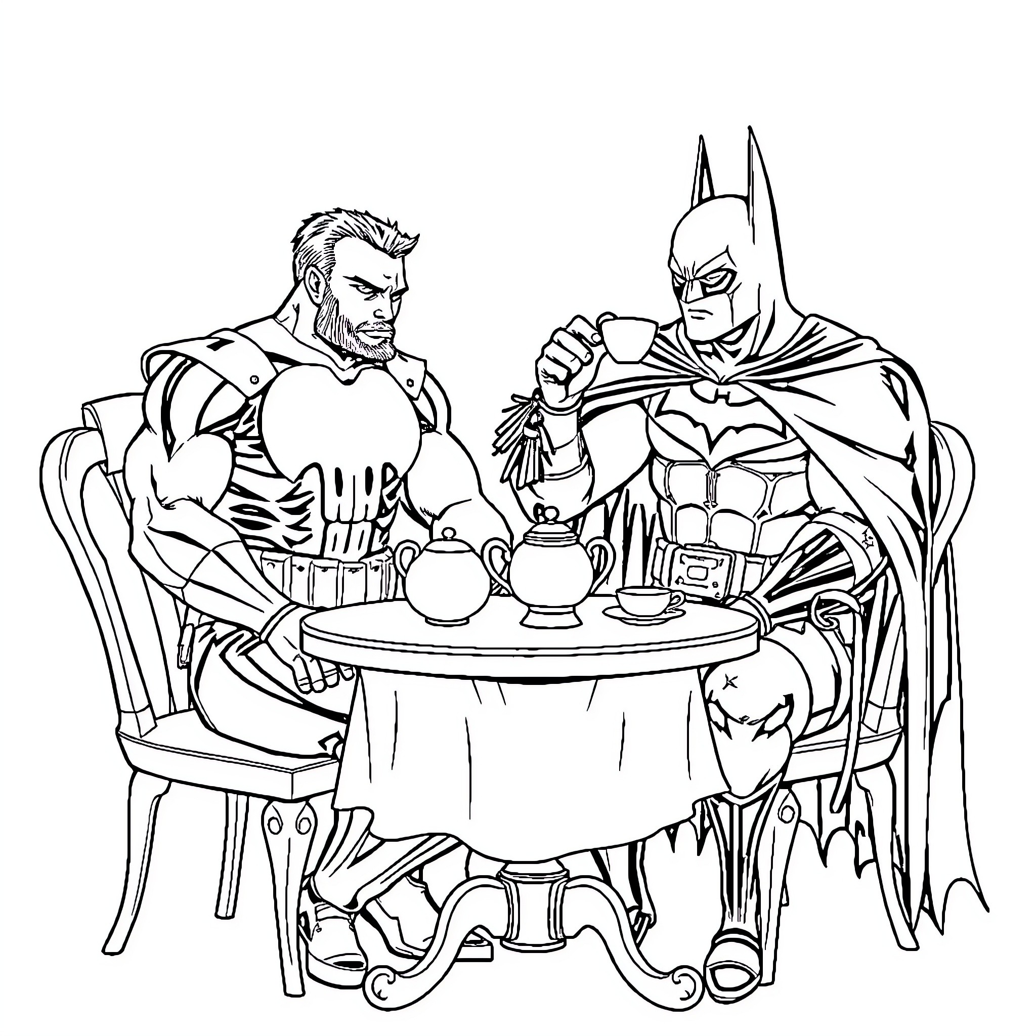 Punisher and Batman Enjoying Tea Time Coloring Page (free black-and-white line drawing printable PDF for all, from beginners to advanced learners, including children, teens, adults, and seniors)