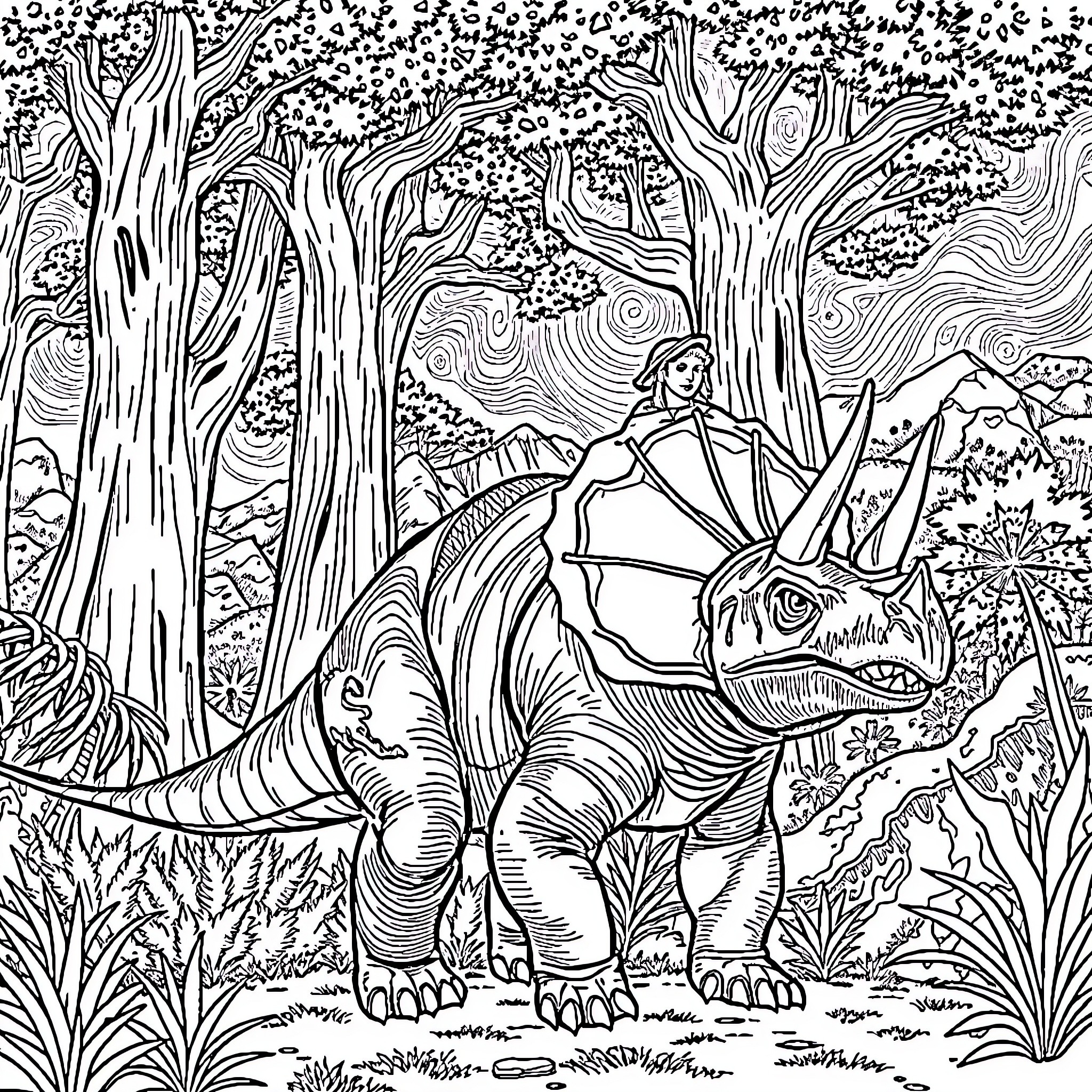 Dinosaur exploring the enchanted forest Coloring Page (free black-and-white line drawing printable PDF for all, from beginners to advanced learners, including children, teens, adults, and seniors)