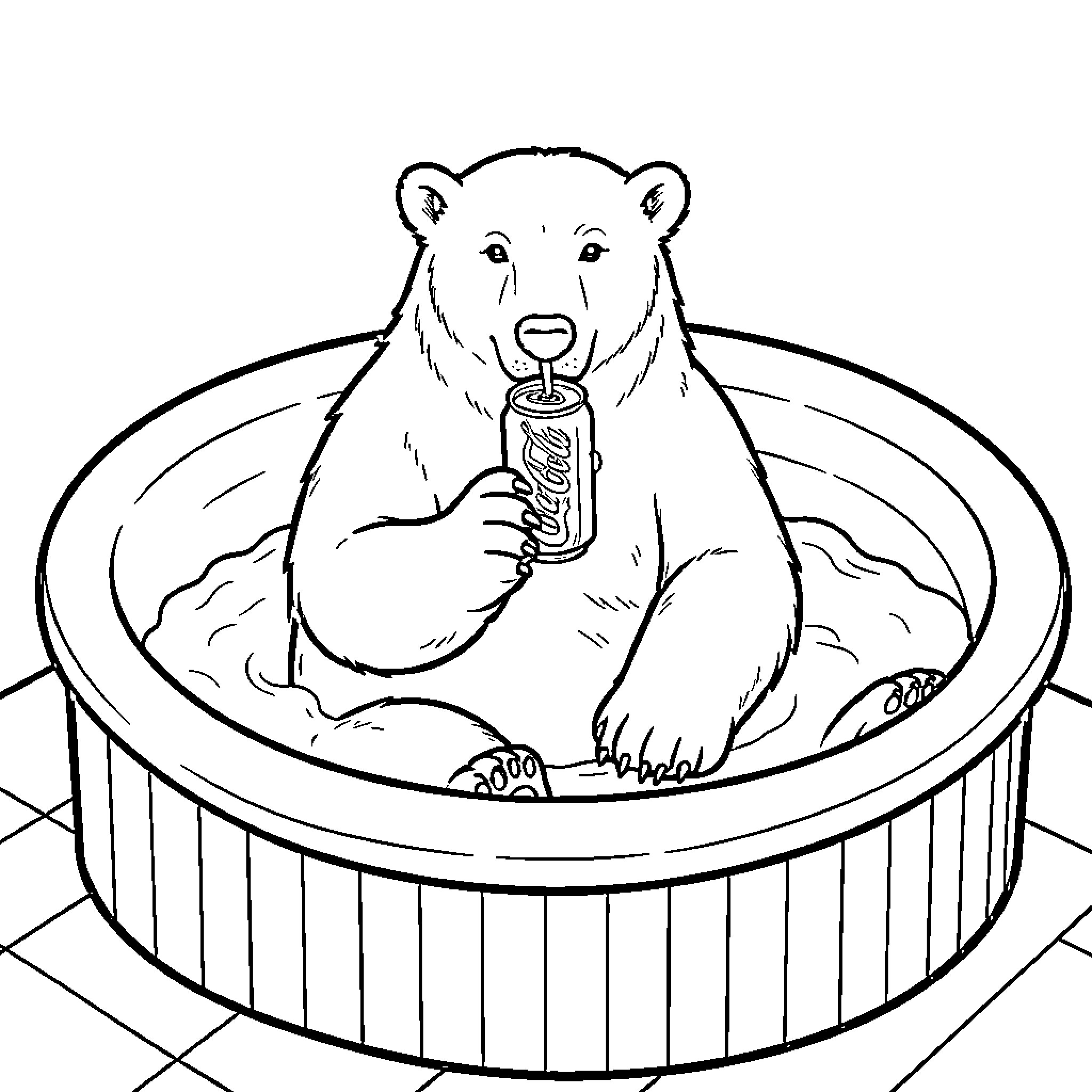 Polar Bear sitting in a tub drinking soda Coloring Page (free black-and-white line drawing printable PDF for all, from beginners to advanced learners, including children, teens, adults, and seniors)