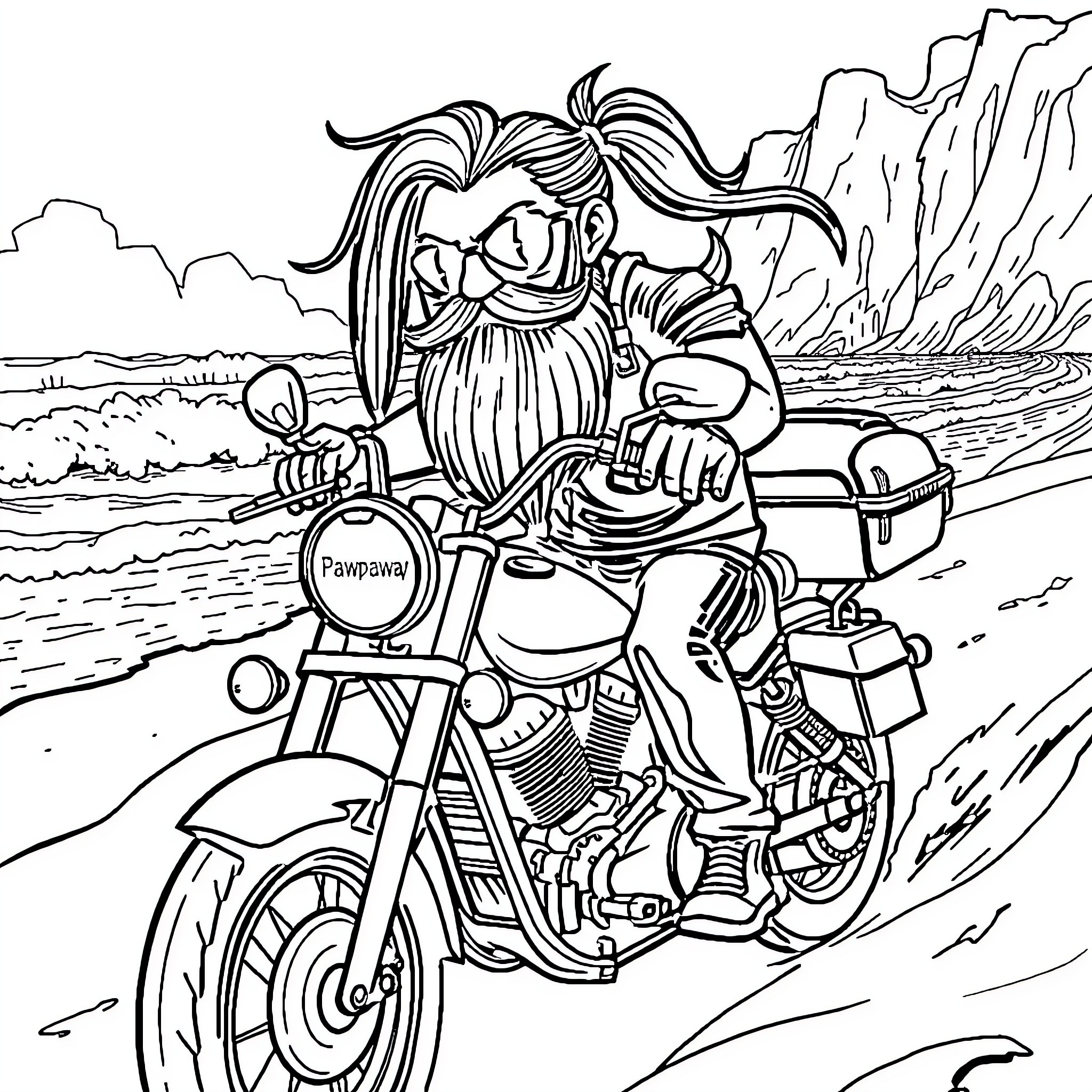 Pawpaw's Motorcycle Adventure in the Desert Coloring Page (free black-and-white line drawing printable PDF for all, from beginners to advanced learners, including children, teens, adults, and seniors)