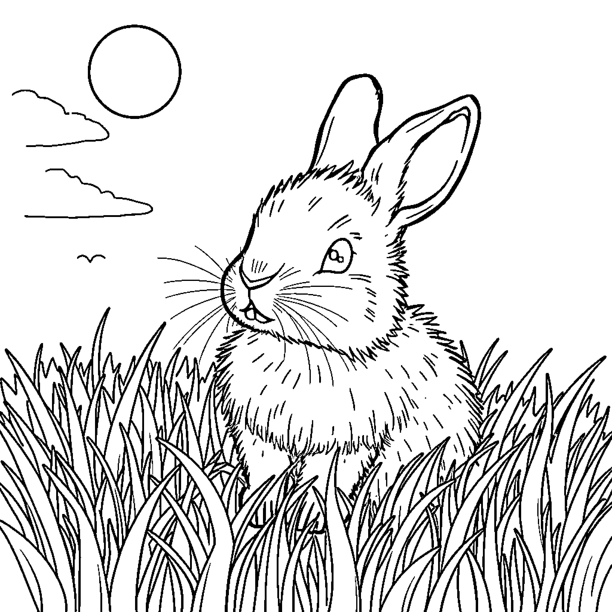 Rabbit resting peacefully in a grassy meadow Coloring Page (free black-and-white line drawing printable PDF for all, from beginners to advanced learners, including children, teens, adults, and seniors)