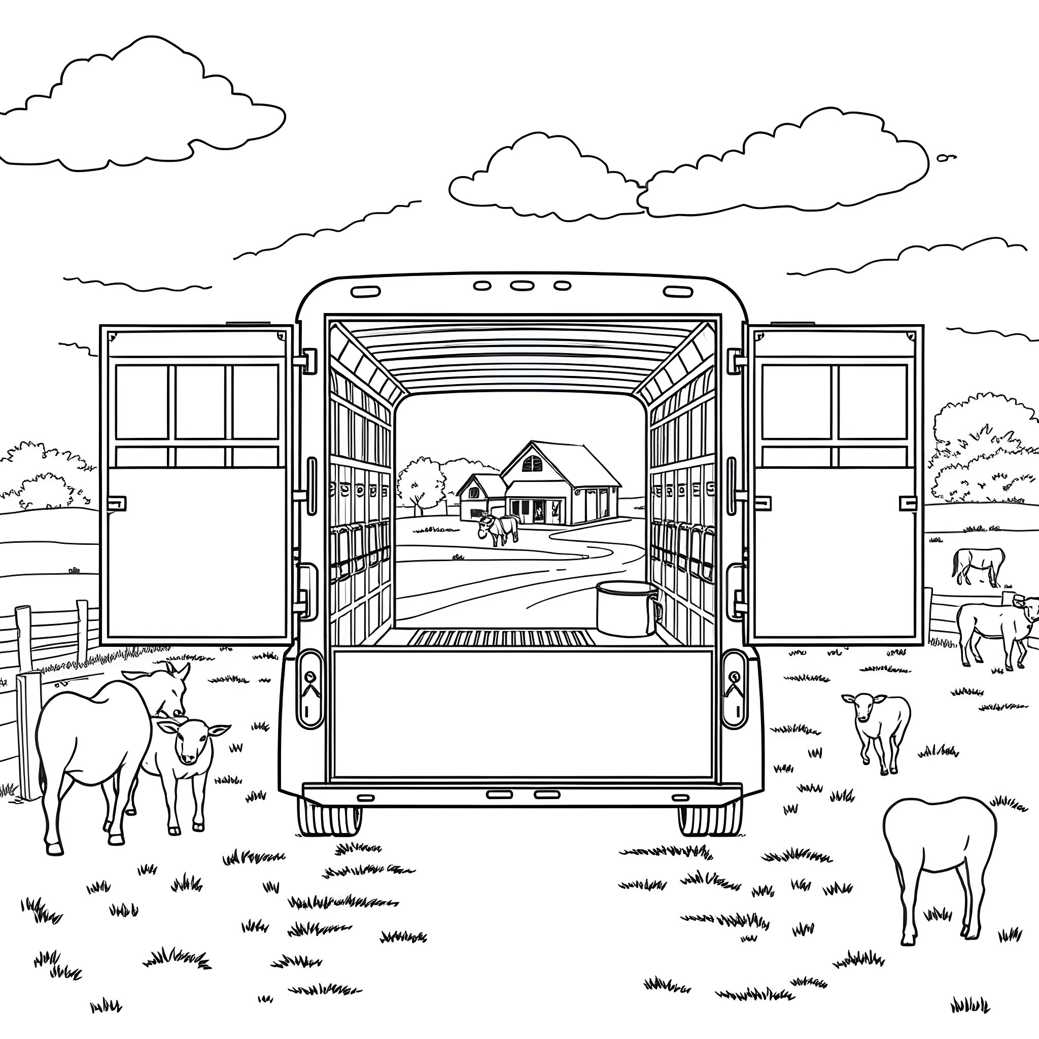 Livestock Trailer Transporting Animals to the Farm Coloring Page (free black-and-white line drawing printable PDF for all, from beginners to advanced learners, including children, teens, adults, and seniors)
