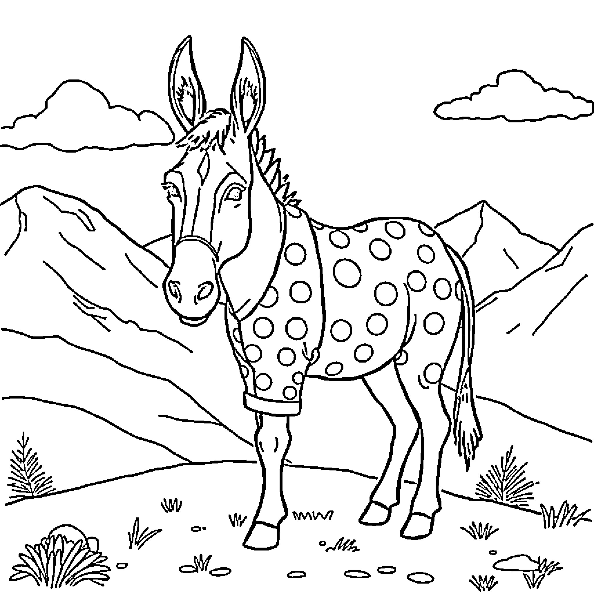 Donkey posing in a mountainous landscape Coloring Page (free black-and-white line drawing printable PDF for all, from beginners to advanced learners, including children, teens, adults, and seniors)