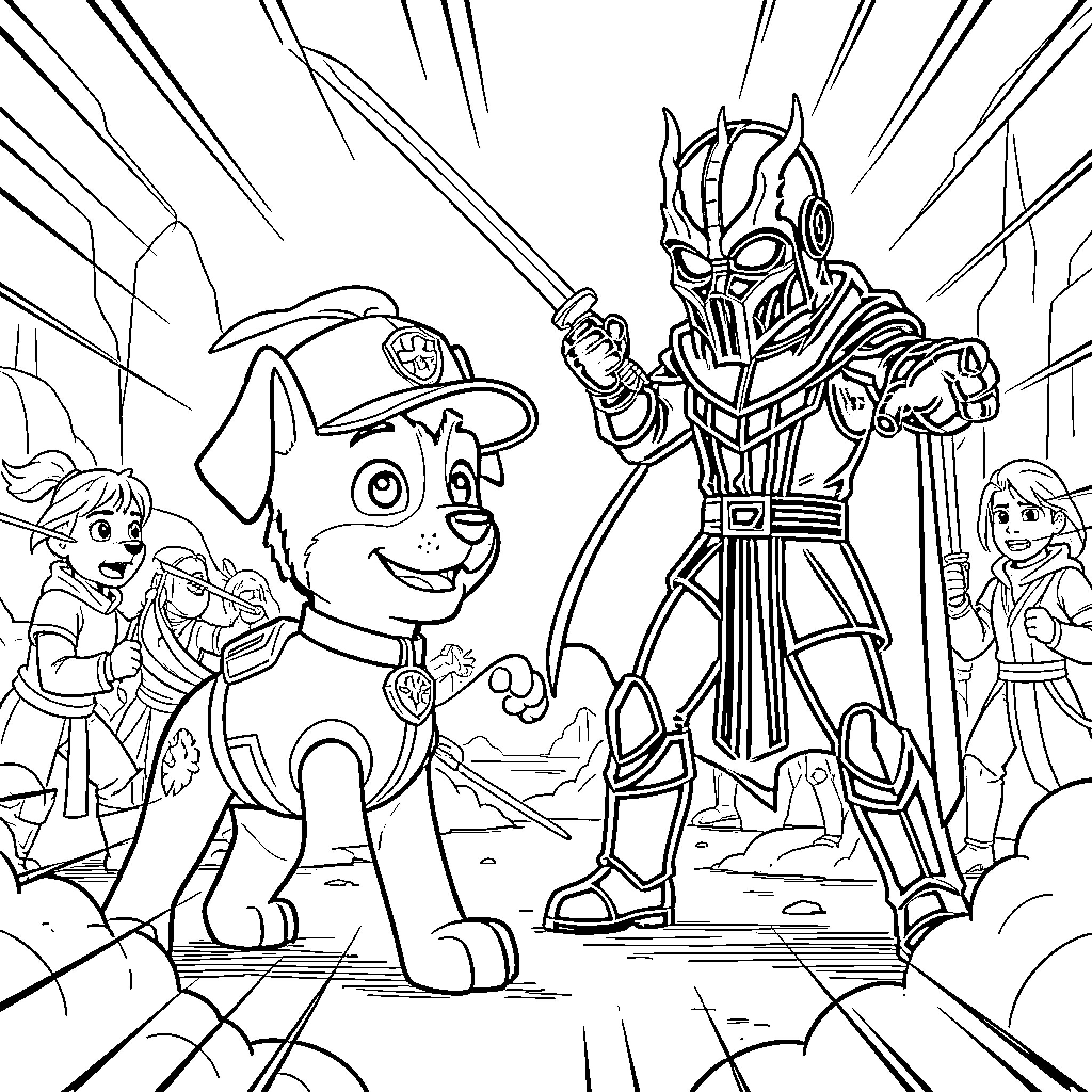 Marshall posing heroically alongside a masked warrior Coloring Page (free black-and-white line drawing printable PDF for all, from beginners to advanced learners, including children, teens, adults, and seniors)