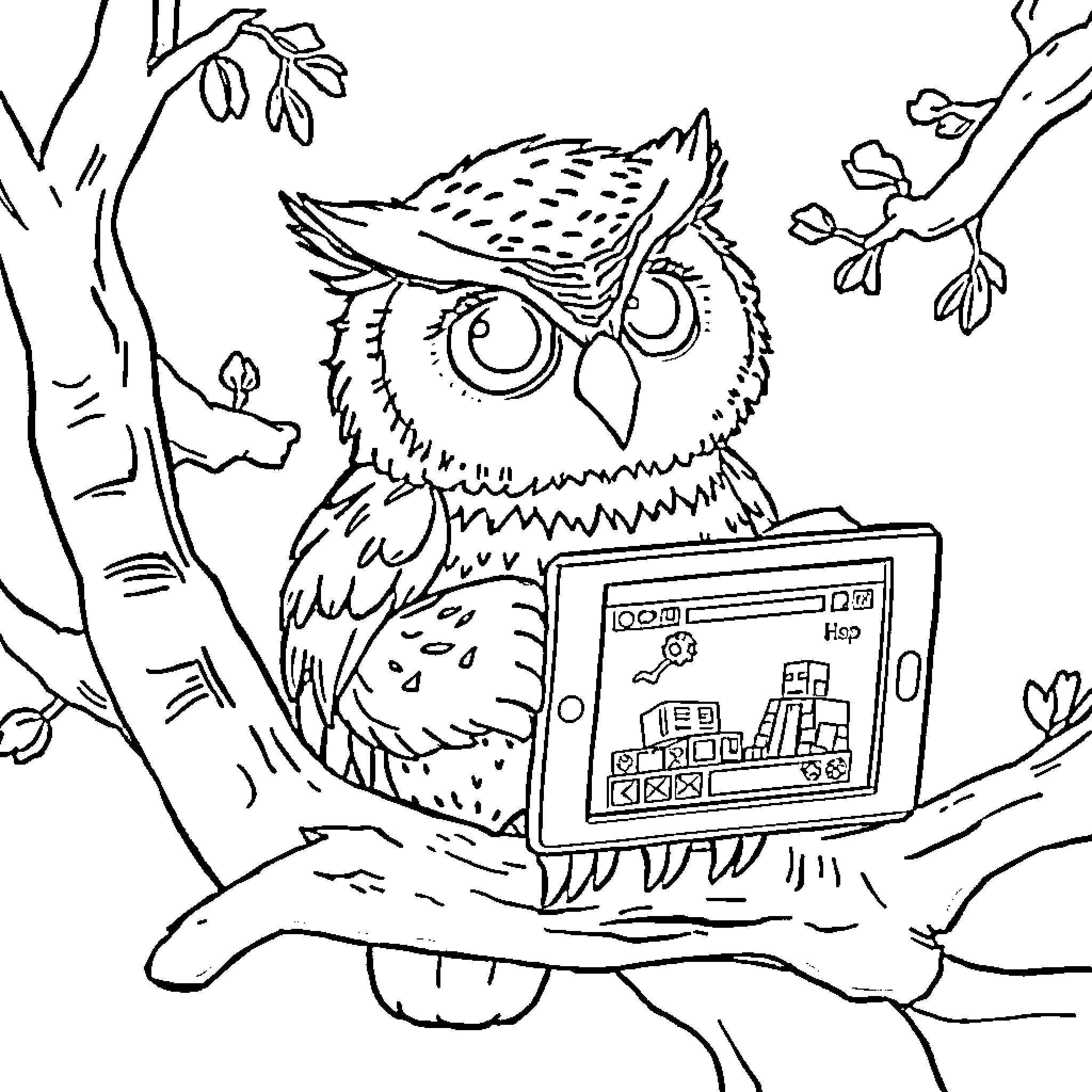 Owl reading a computer screen in the forest Coloring Page (free black-and-white line drawing printable PDF for all, from beginners to advanced learners, including children, teens, adults, and seniors)