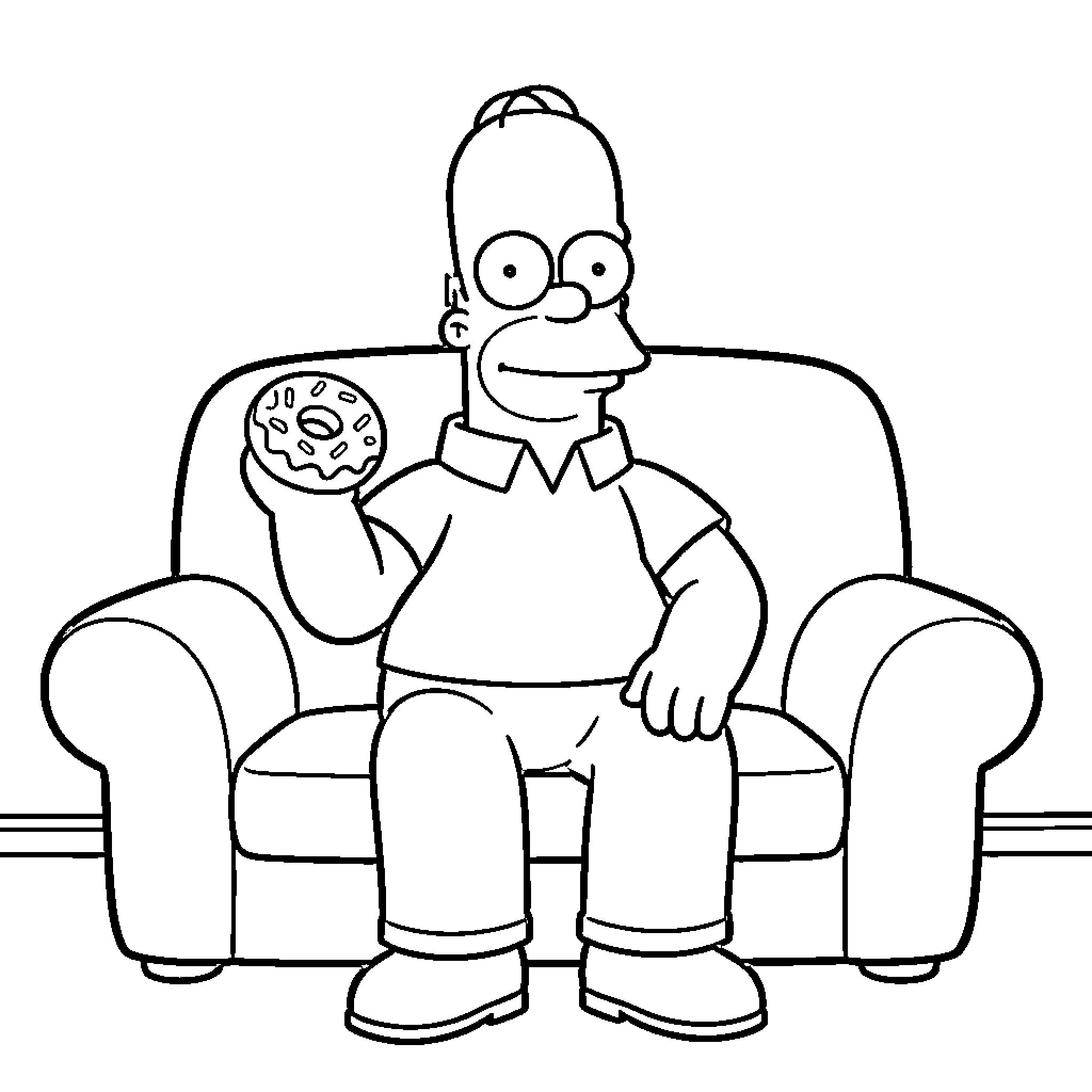 Homer Simpson enjoying a donut while relaxing on the couch Coloring Page (free black-and-white line drawing printable PDF for all, from beginners to advanced learners, including children, teens, adults, and seniors)