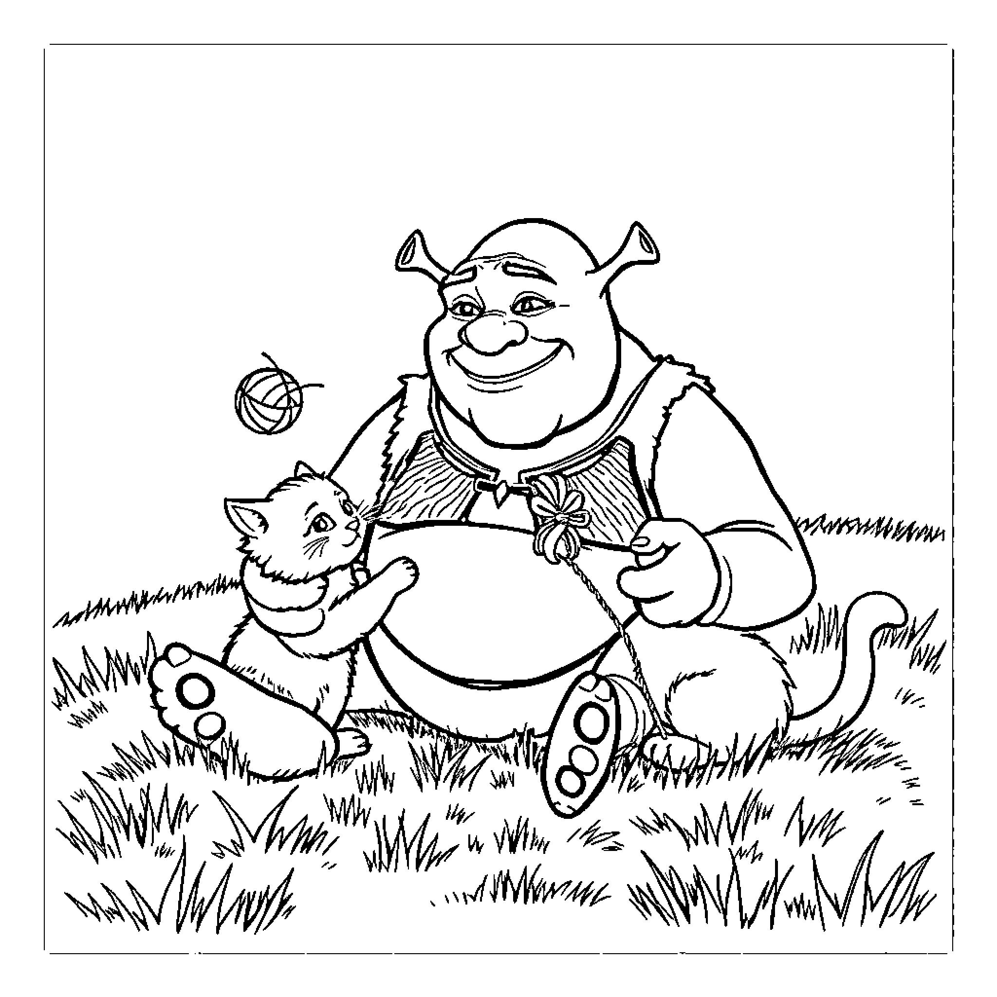 Shrek playing with cat in the field Coloring Page (free black-and-white line drawing printable PDF for all, from beginners to advanced learners, including children, teens, adults, and seniors)