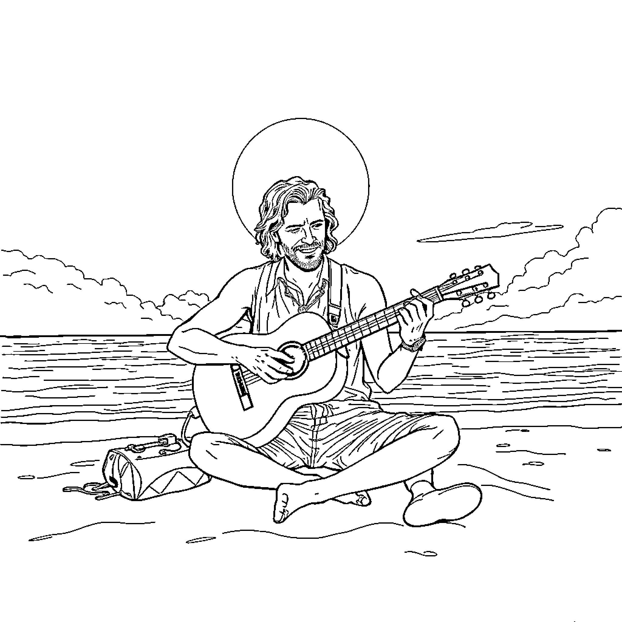 Charlie Pace playing guitar on the beach Coloring Page (free black-and-white line drawing printable PDF for all, from beginners to advanced learners, including children, teens, adults, and seniors)