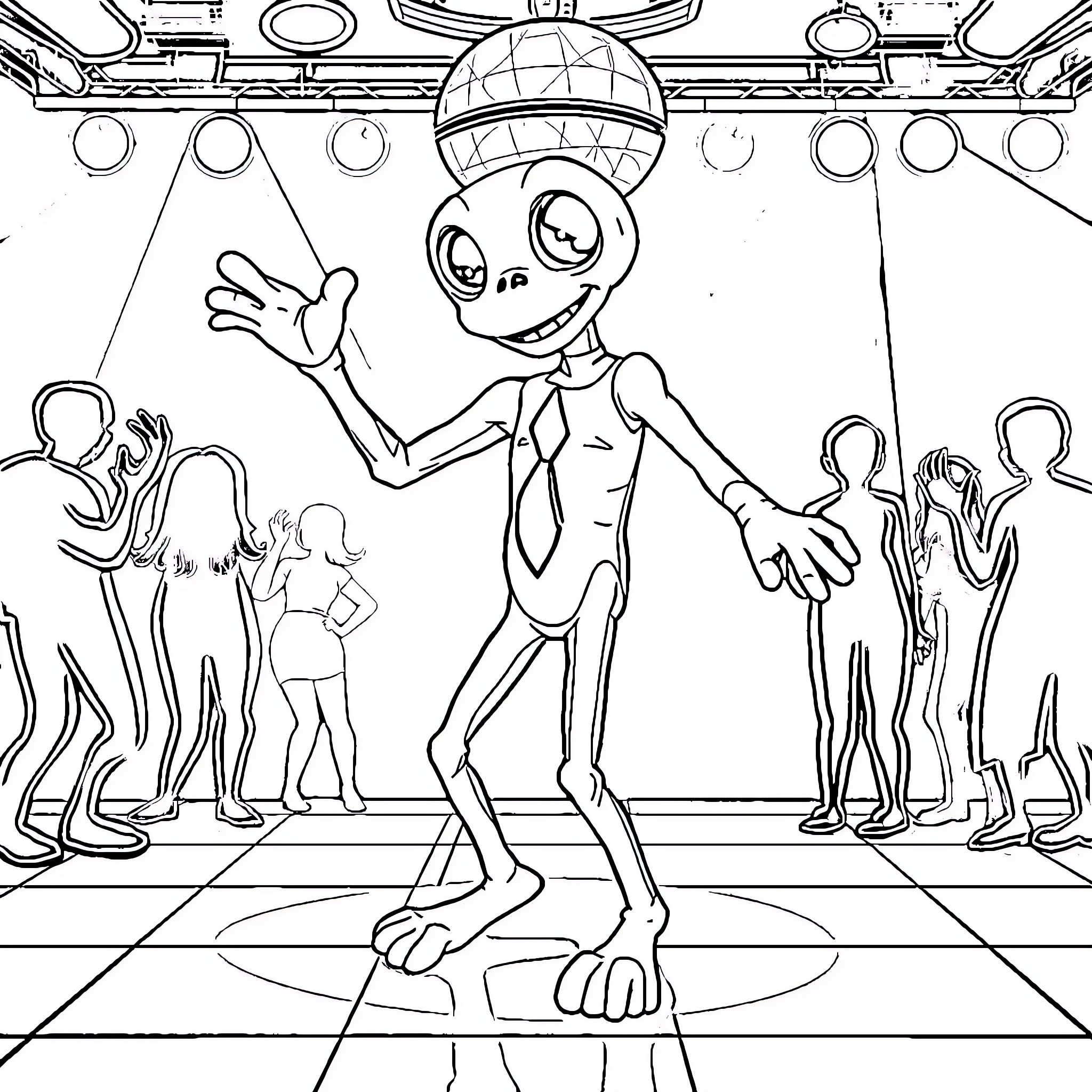 ET Alien dancing on stage with humans Coloring Page (free black-and-white line drawing printable PDF for all, from beginners to advanced learners, including children, teens, adults, and seniors)