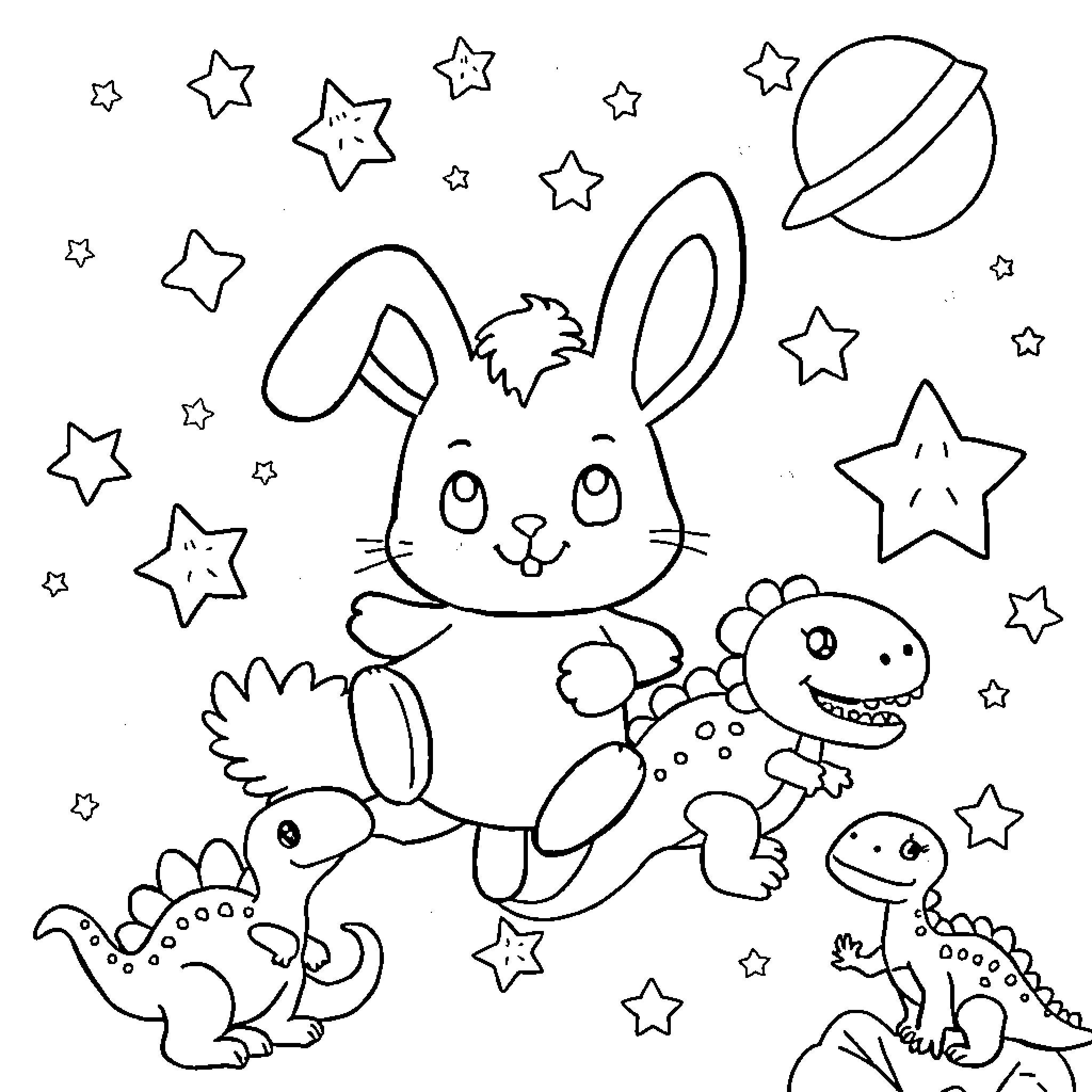 Bunny and friends in a starry sky Coloring Page (free black-and-white line drawing printable PDF for all, from beginners to advanced learners, including children, teens, adults, and seniors)