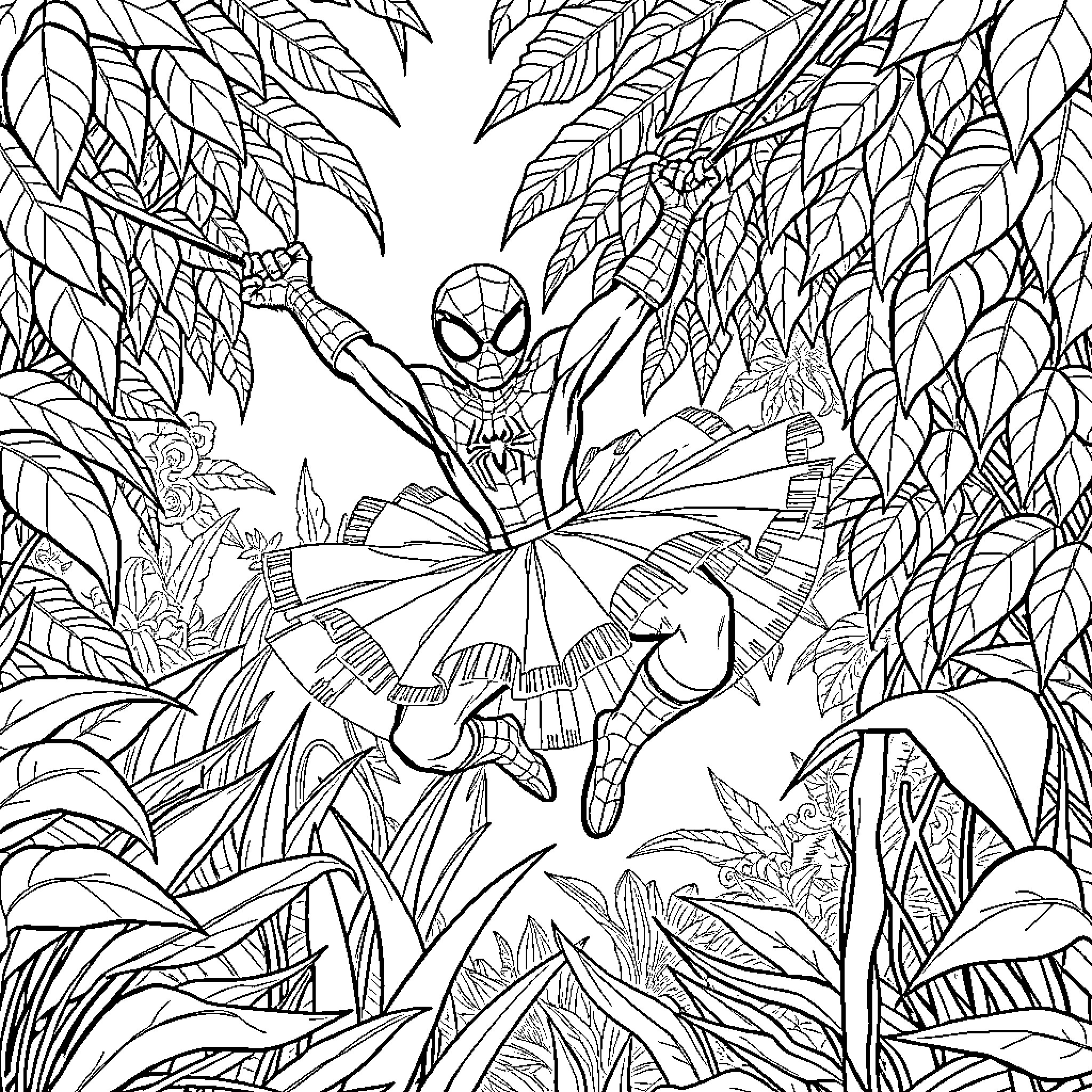 Spiderman swinging through the jungle landscape Coloring Page (free black-and-white line drawing printable PDF for all, from beginners to advanced learners, including children, teens, adults, and seniors)