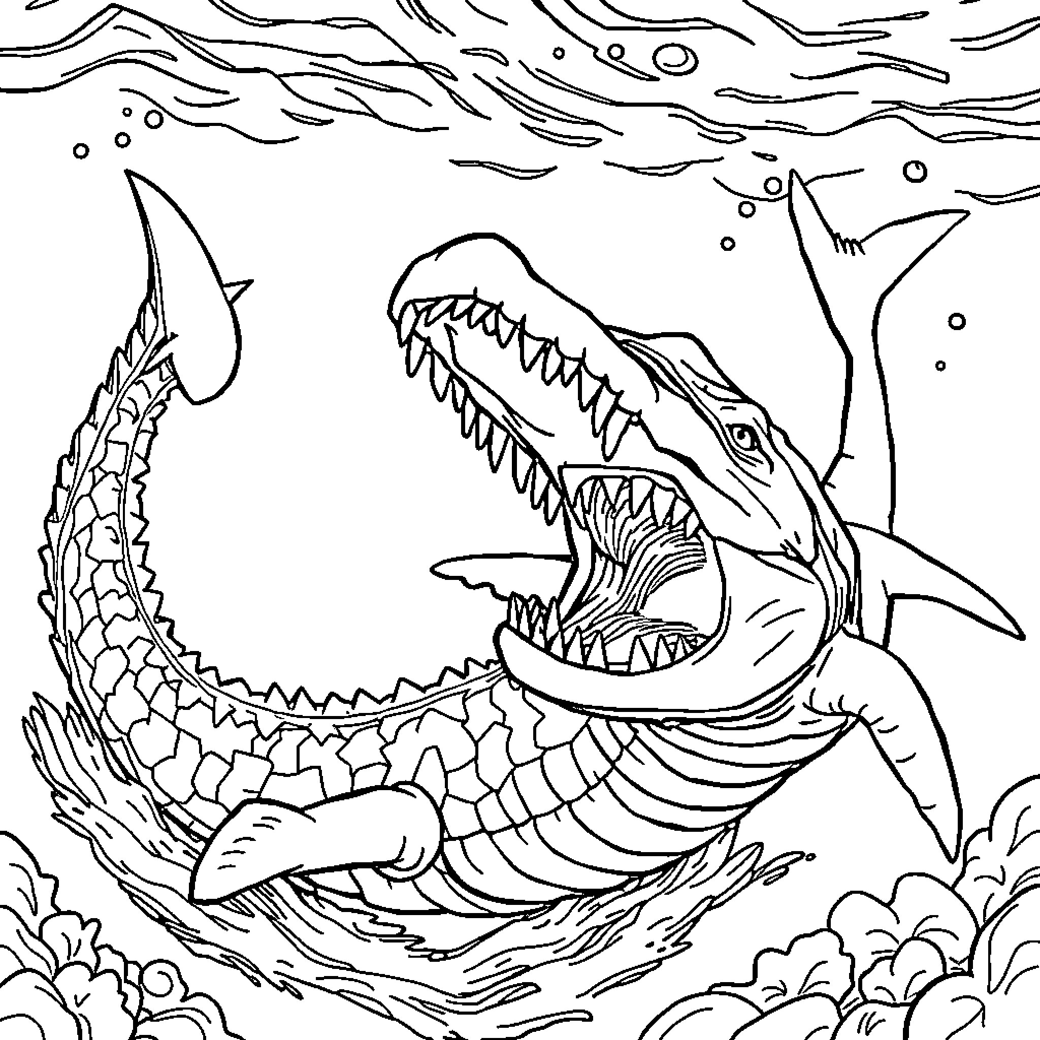 Crocodile attacking its prey in the underwater scene Coloring Page (free black-and-white line drawing printable PDF for all, from beginners to advanced learners, including children, teens, adults, and seniors)
