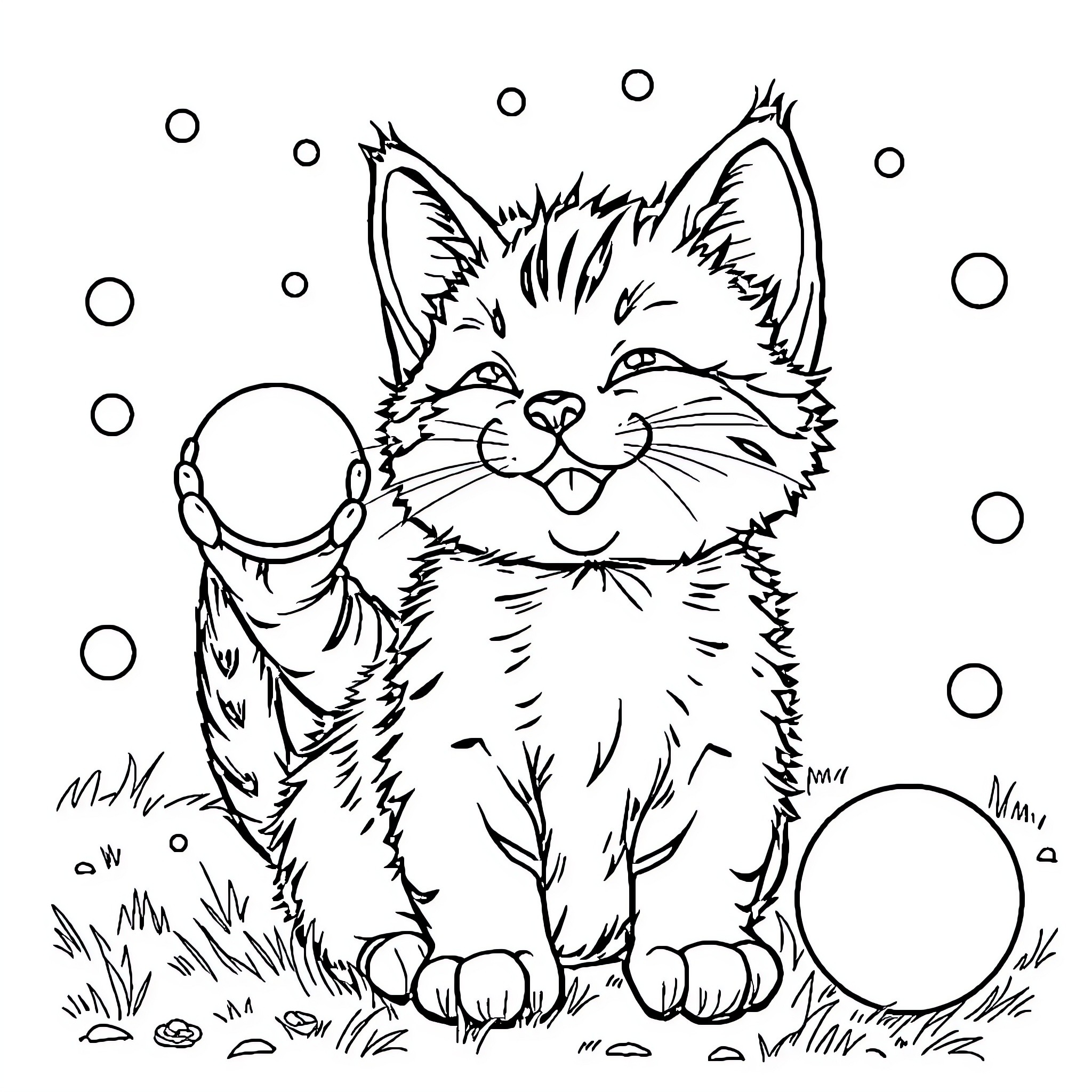 Chat with a Playful Feline Coloring Page (free black-and-white line drawing printable PDF for all, from beginners to advanced learners, including children, teens, adults, and seniors)
