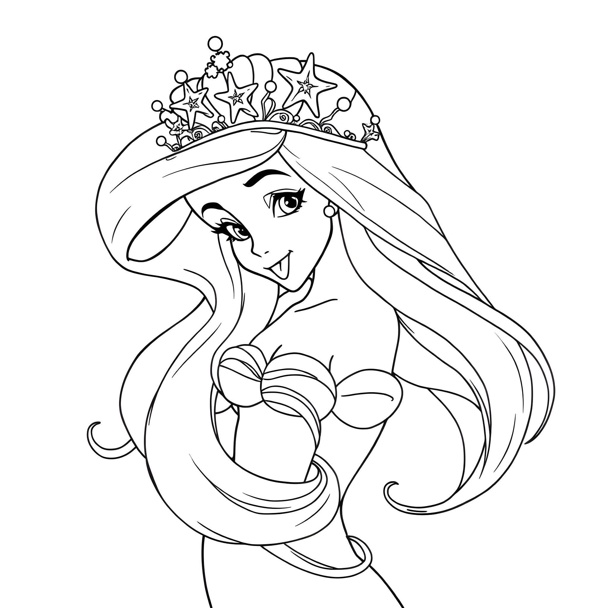 Ariel the mermaid princess smiling adorably Coloring Page (free black-and-white line drawing printable PDF for all, from beginners to advanced learners, including children, teens, adults, and seniors)