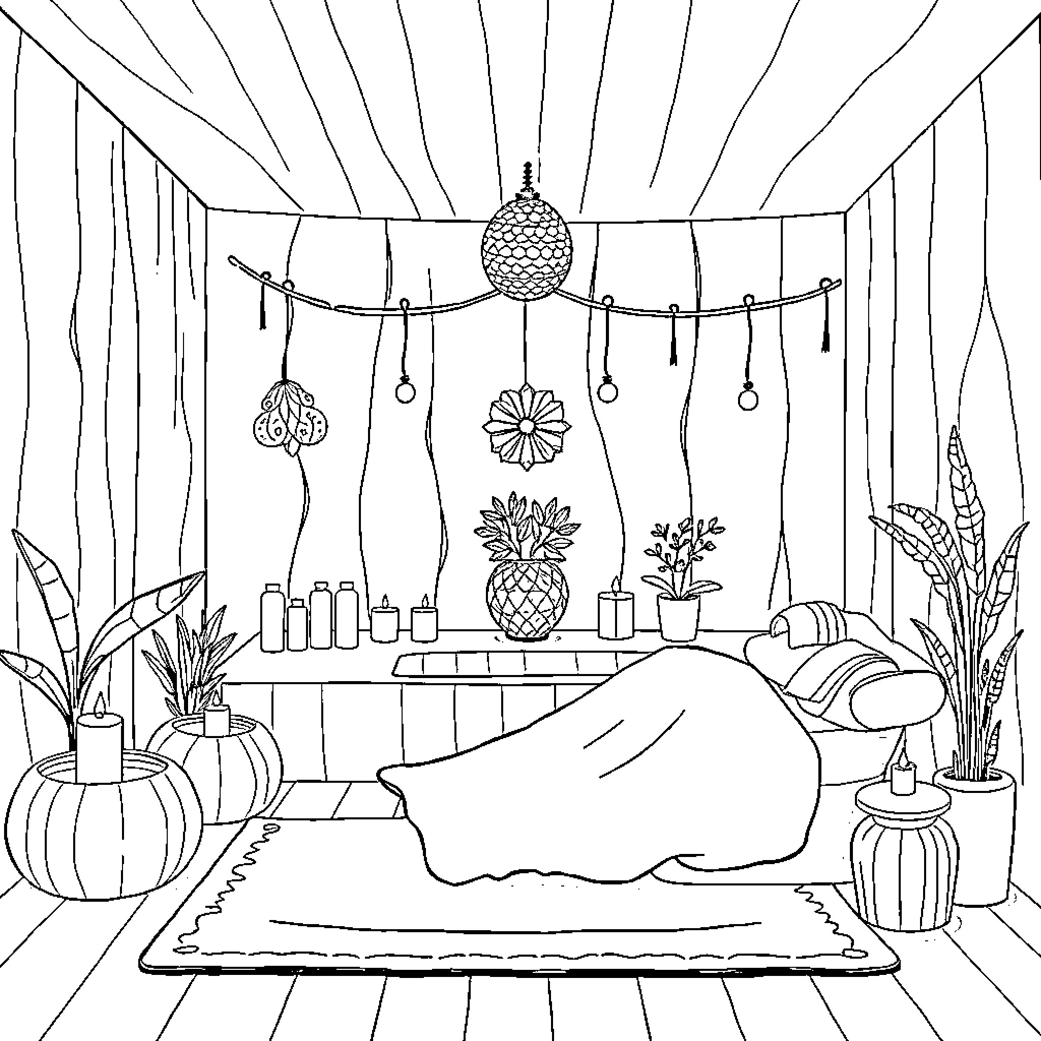 Spa Day Relaxation Scene with Decorative Elements Coloring Page (free black-and-white line drawing printable PDF for all, from beginners to advanced learners, including children, teens, adults, and seniors)