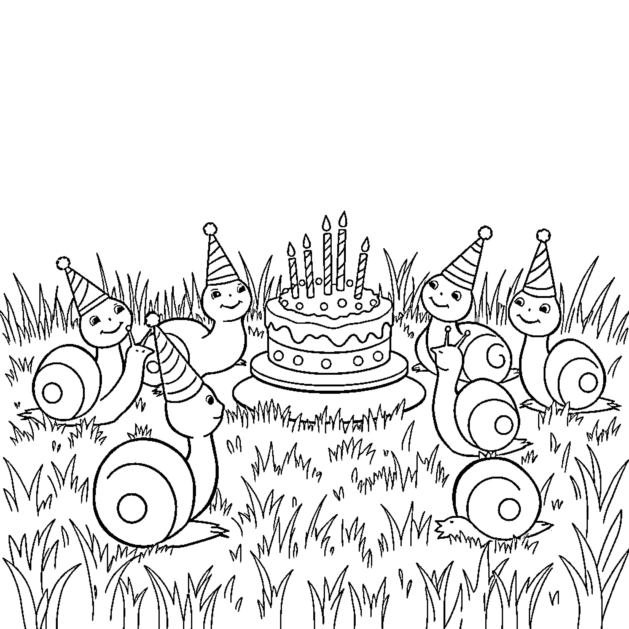 Snail friends celebrate a birthday party in the grass Coloring Page (free black-and-white line drawing printable PDF for all, from beginners to advanced learners, including children, teens, adults, and seniors)