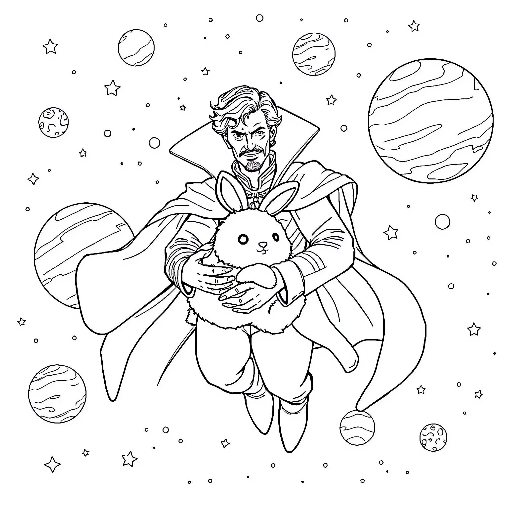 Dr. Strange exploring the cosmic wonders with a magical rabbit Coloring Page (free black-and-white line drawing printable PDF for all, from beginners to advanced learners, including children, teens, adults, and seniors)