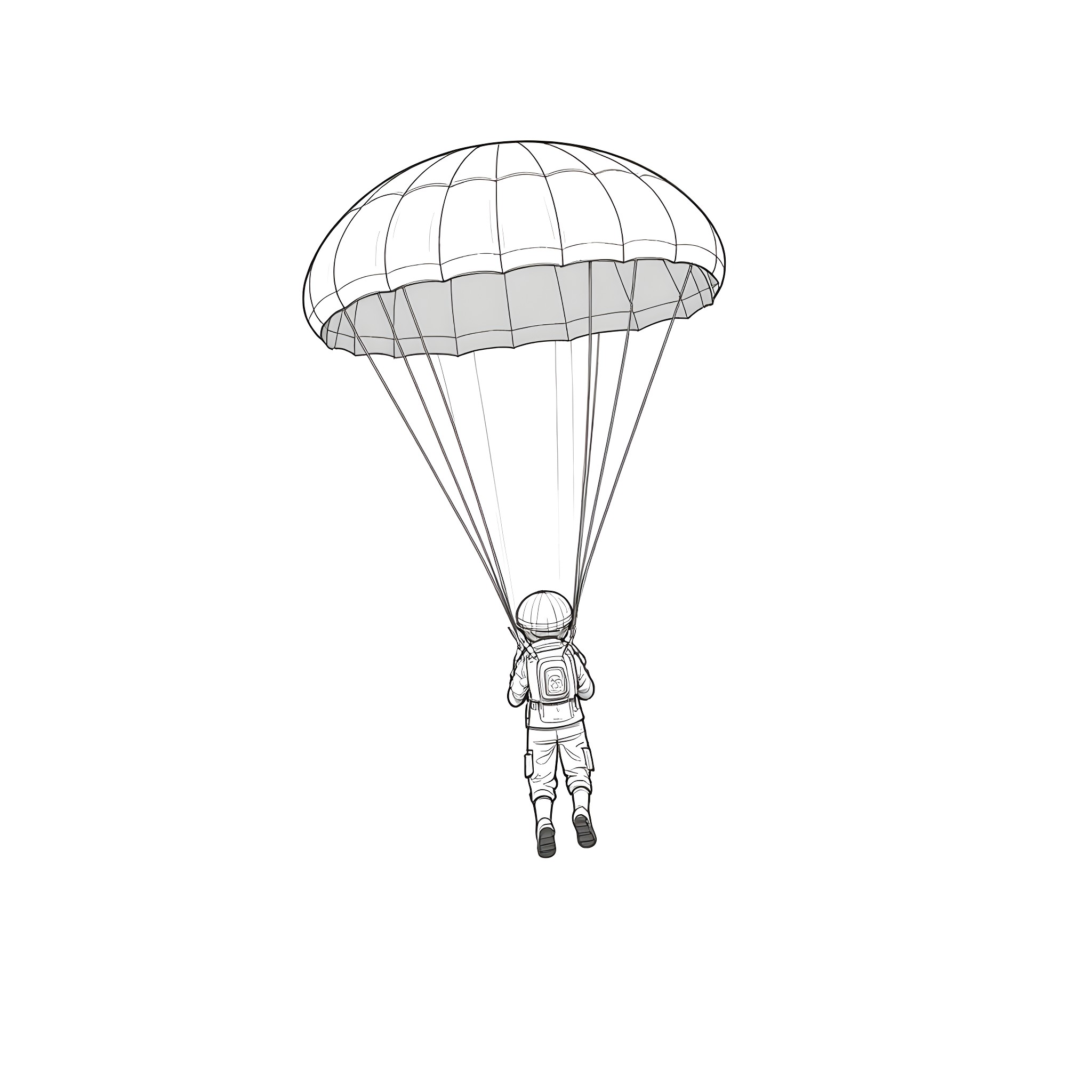 Ranger parachuting down from the sky Coloring Page (free black-and-white line drawing printable PDF for all, from beginners to advanced learners, including children, teens, adults, and seniors)