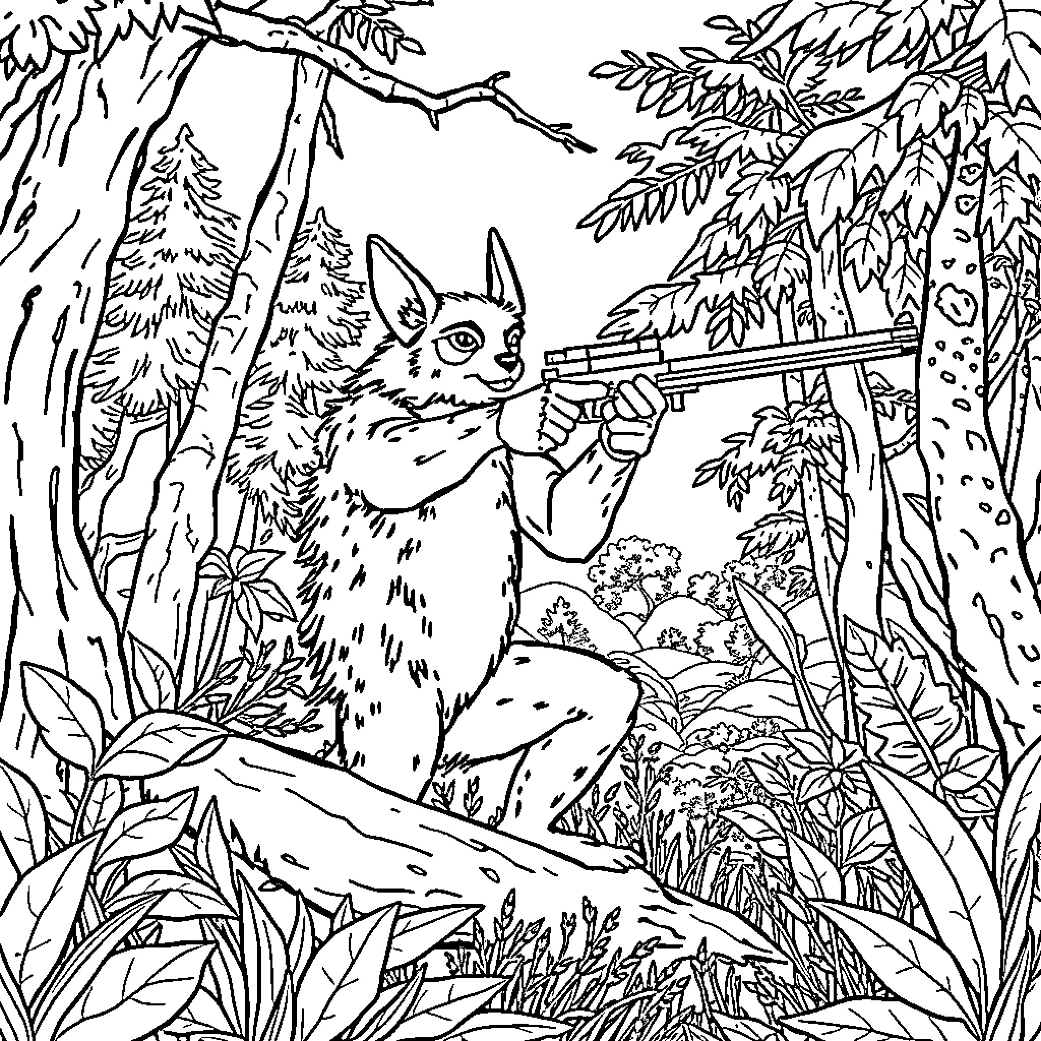 Caza de animales en la naturaleza Coloring Page (free black-and-white line drawing printable PDF for all, from beginners to advanced learners, including children, teens, adults, and seniors)