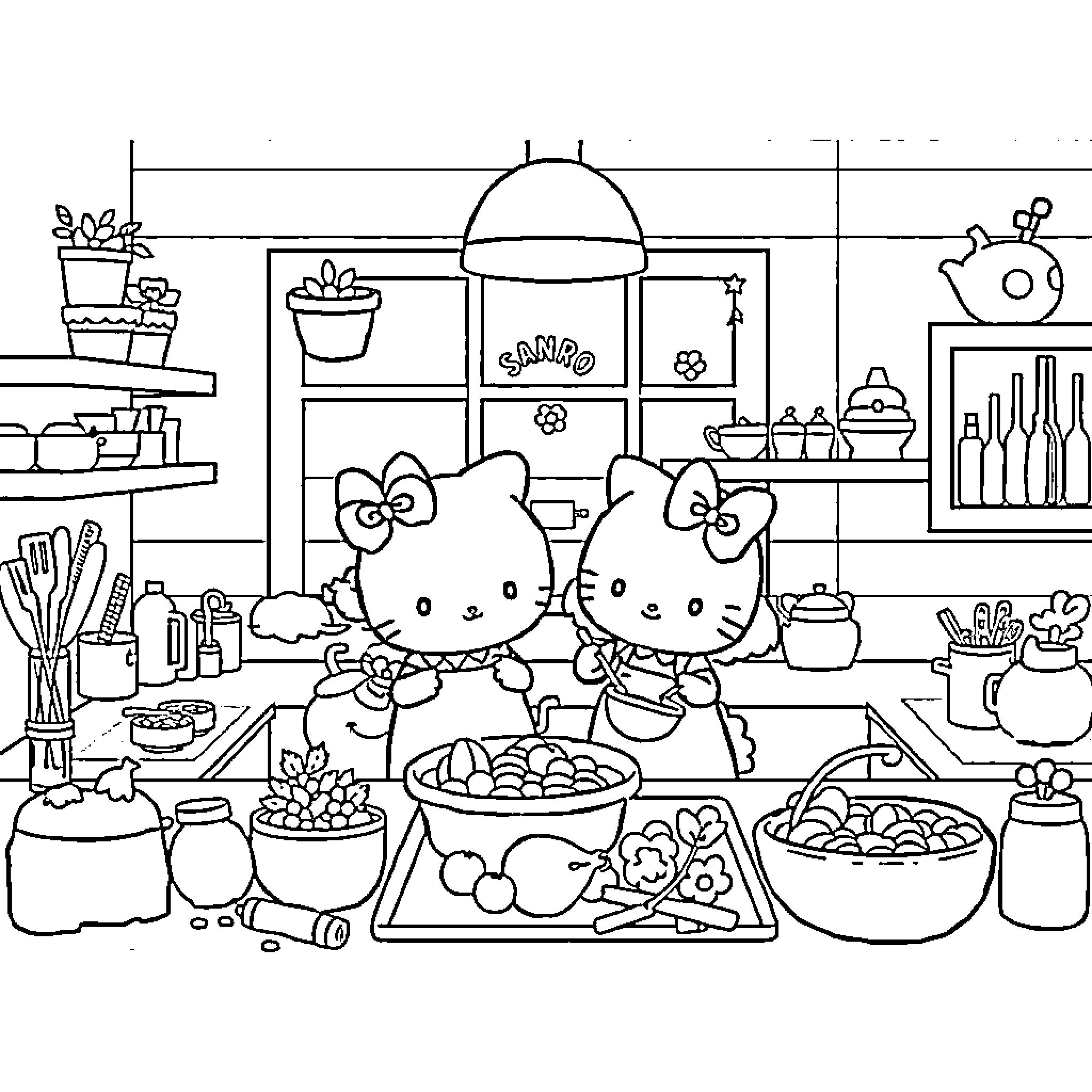 Sanrio Friends Cooking Together in a Cozy Kitchen Coloring Page (free black-and-white line drawing printable PDF for all, from beginners to advanced learners, including children, teens, adults, and seniors)