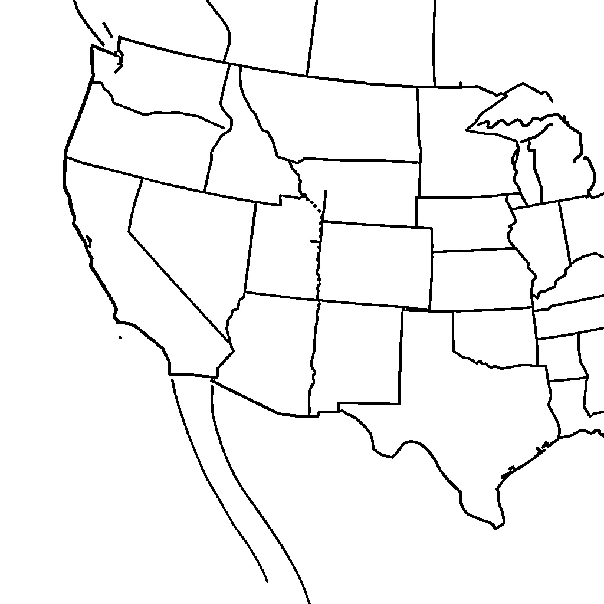 Map of the United States outline Coloring Page (free black-and-white line drawing printable PDF for all, from beginners to advanced learners, including children, teens, adults, and seniors)