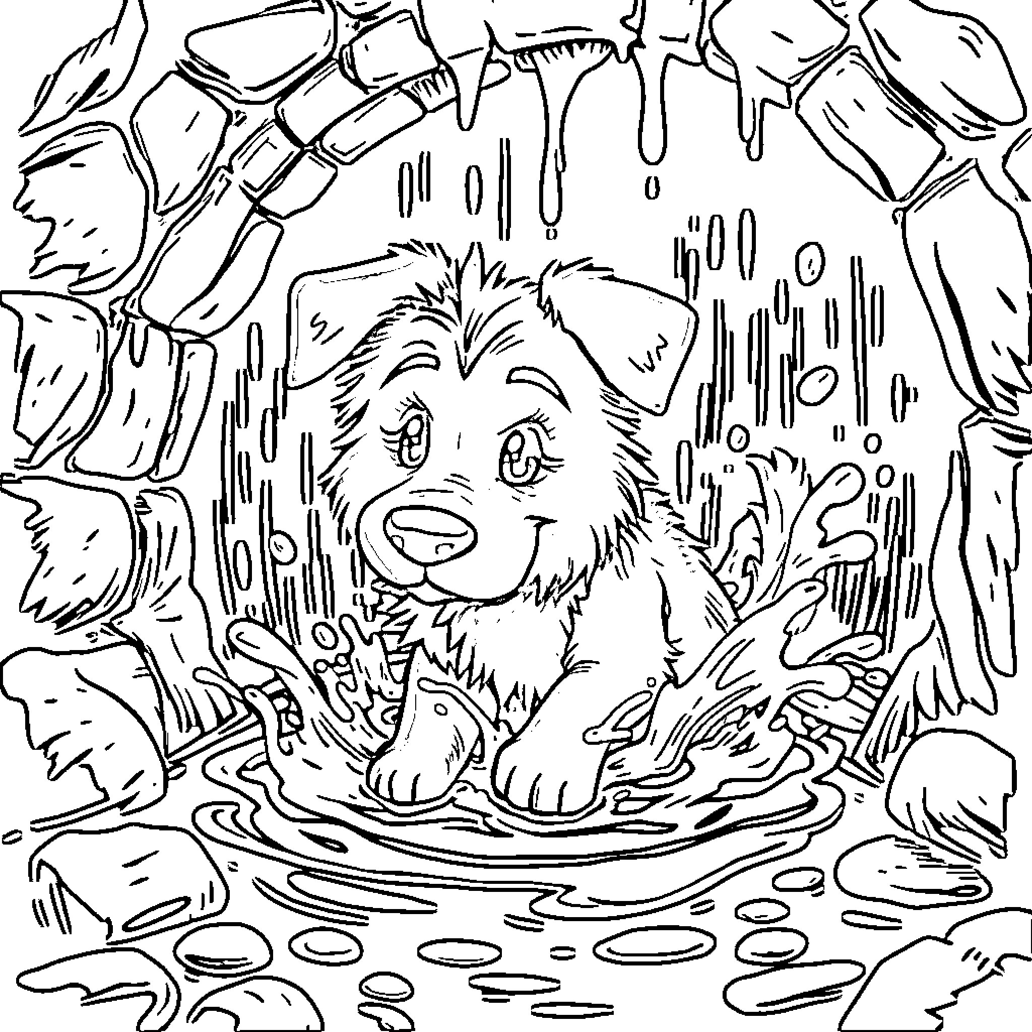 Bluey playing in the rain puddle Coloring Page (free black-and-white line drawing printable PDF for all, from beginners to advanced learners, including children, teens, adults, and seniors)