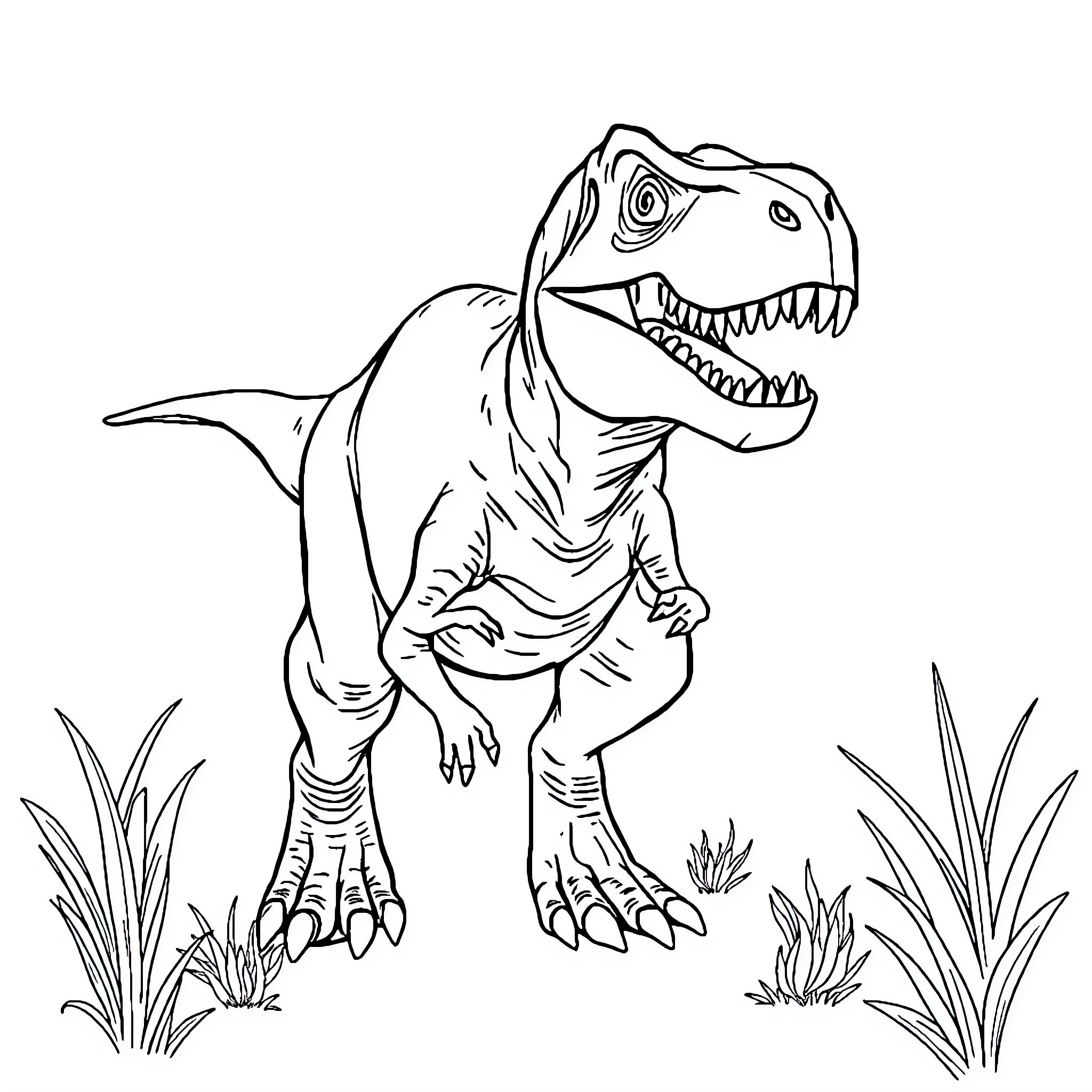 Tyrannosaurus Rex Roaring in the Jungle Coloring Page (free black-and-white line drawing printable PDF for all, from beginners to advanced learners, including children, teens, adults, and seniors)