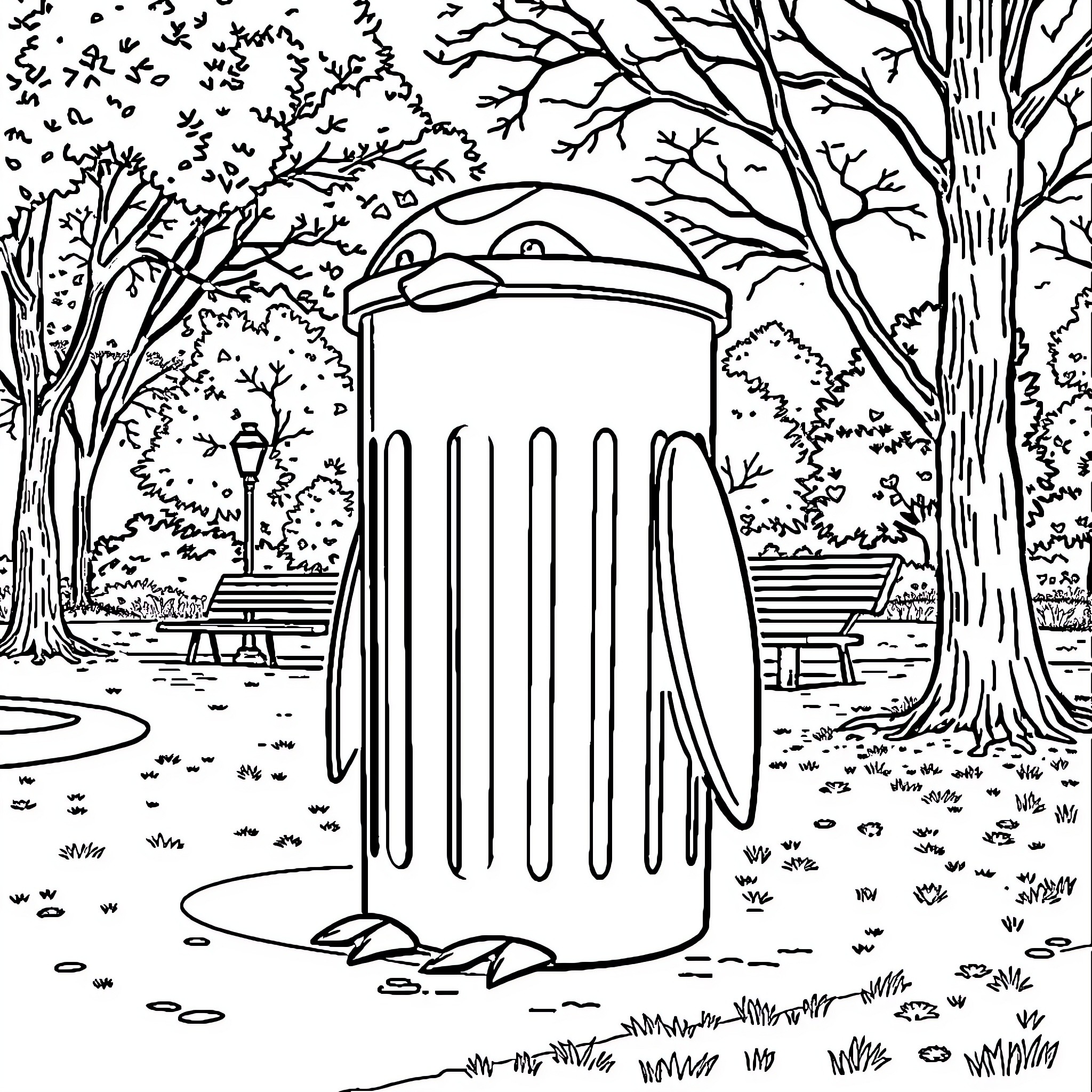 Penguin trash can in a park Coloring Page (free black-and-white line drawing printable PDF for all, from beginners to advanced learners, including children, teens, adults, and seniors)