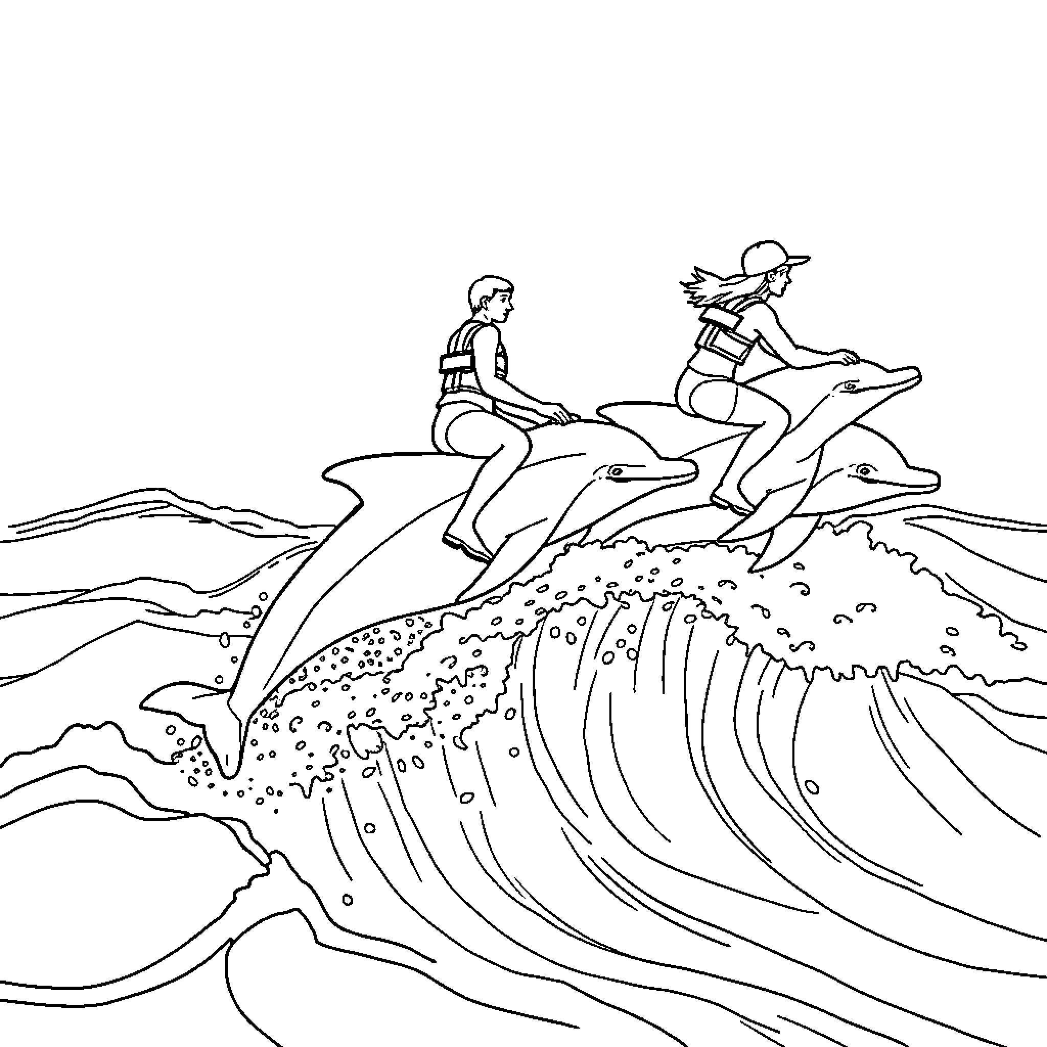 Lifeguards riding waves on jet skis Coloring Page (free black-and-white line drawing printable PDF for all, from beginners to advanced learners, including children, teens, adults, and seniors)