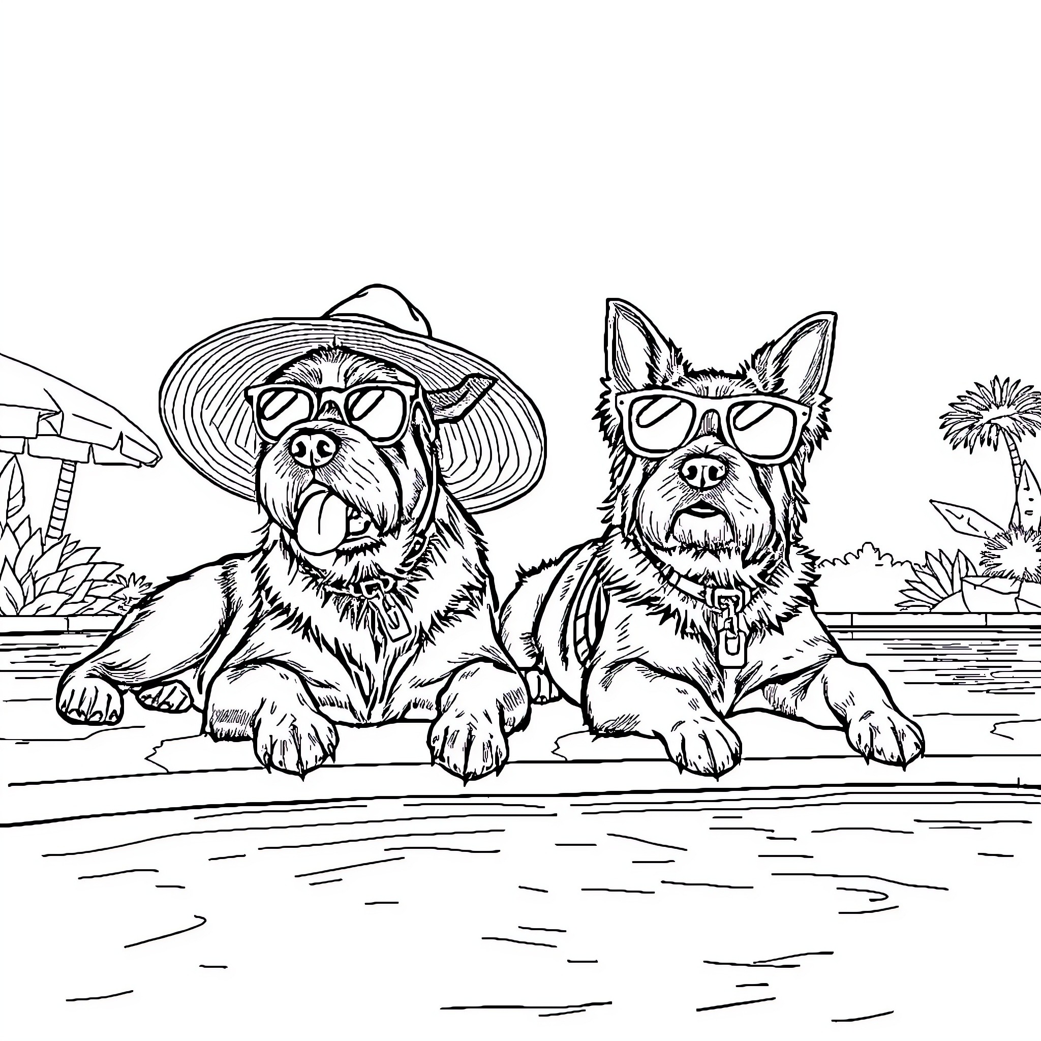 Havanese dogs enjoying a tropical vacation Coloring Page (free black-and-white line drawing printable PDF for all, from beginners to advanced learners, including children, teens, adults, and seniors)