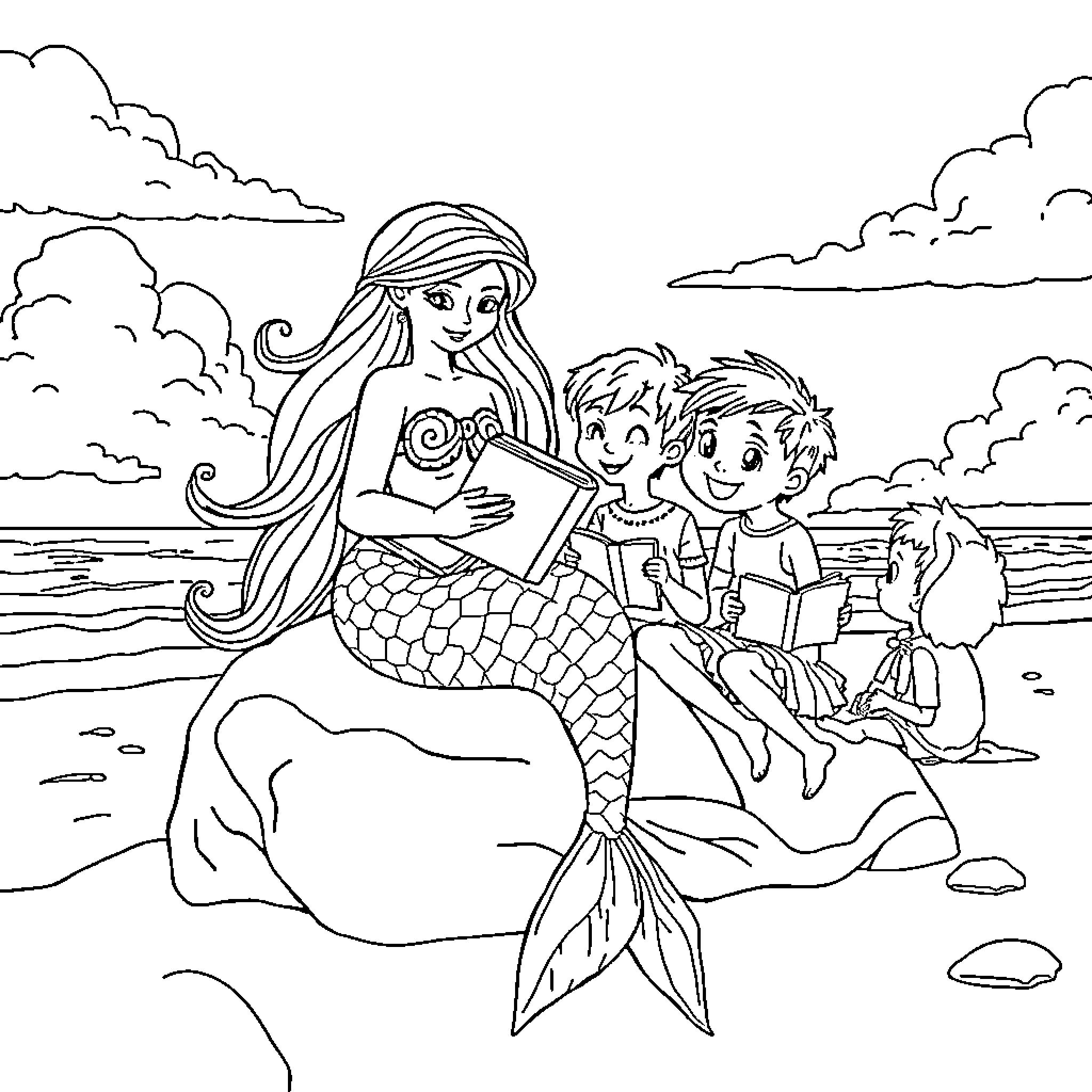 Mermaid reading a book to children on the beach Coloring Page (free black-and-white line drawing printable PDF for all, from beginners to advanced learners, including children, teens, adults, and seniors)