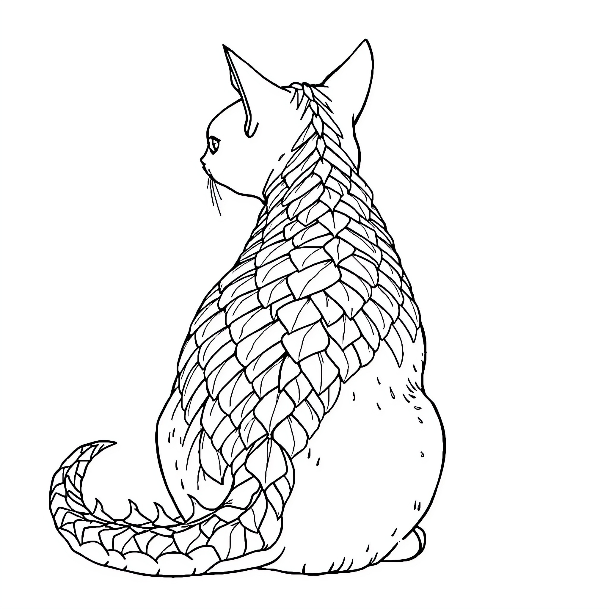 Cat with intricate patterned fur Coloring Page (free black-and-white line drawing printable PDF for all, from beginners to advanced learners, including children, teens, adults, and seniors)