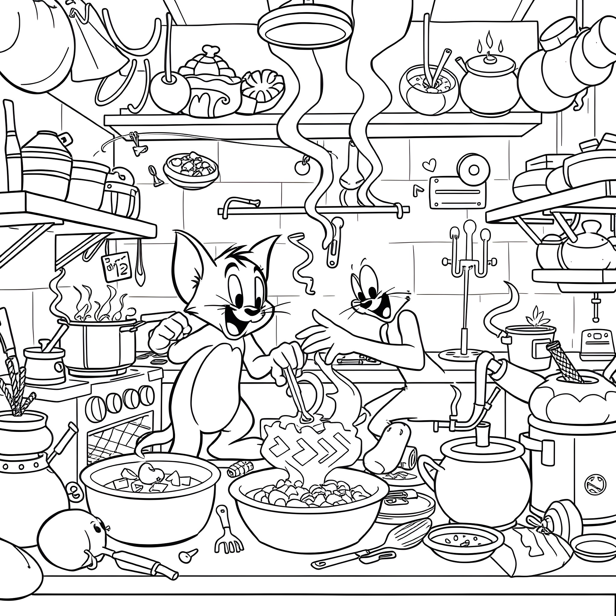 Tom and Jerry's Chaotic Kitchen Adventures Coloring Page (free black-and-white line drawing printable PDF for all, from beginners to advanced learners, including children, teens, adults, and seniors)