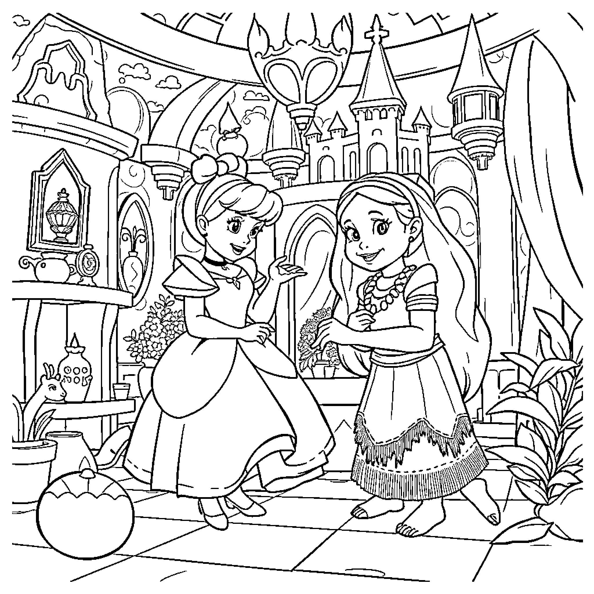 Cinderella and Moana explore a magical fairy tale kingdom Coloring Page (free black-and-white line drawing printable PDF for all, from beginners to advanced learners, including children, teens, adults, and seniors)