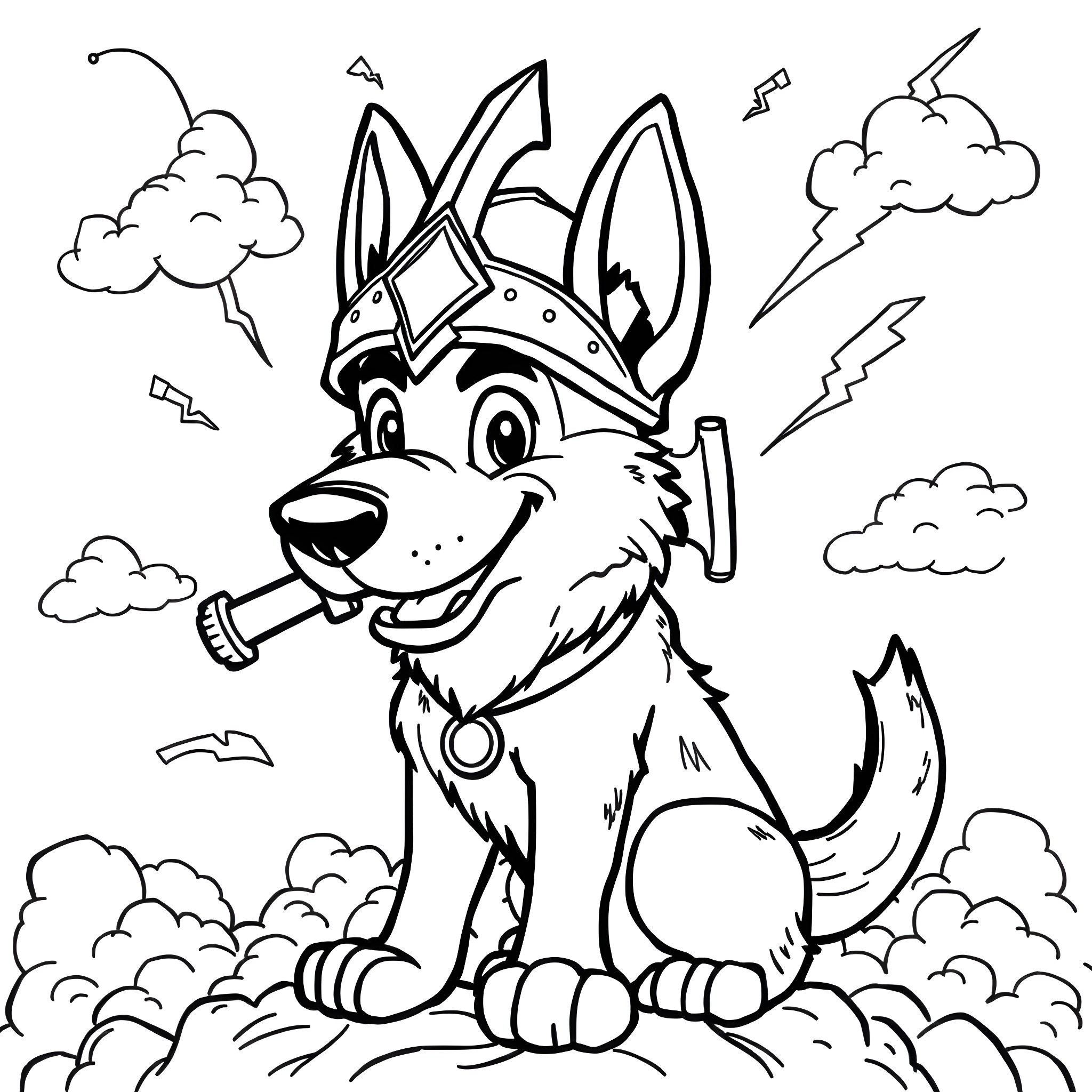 German Shepherd puppy in adventurous outfit Coloring Page (free black-and-white line drawing printable PDF for all, from beginners to advanced learners, including children, teens, adults, and seniors)