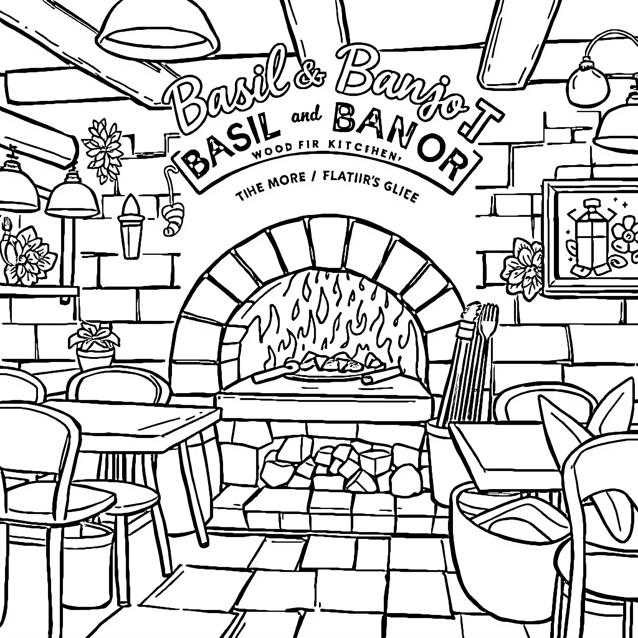 Basil and Basil's Bakery with Cozy Interior Coloring Page (free black-and-white line drawing printable PDF for all, from beginners to advanced learners, including children, teens, adults, and seniors)