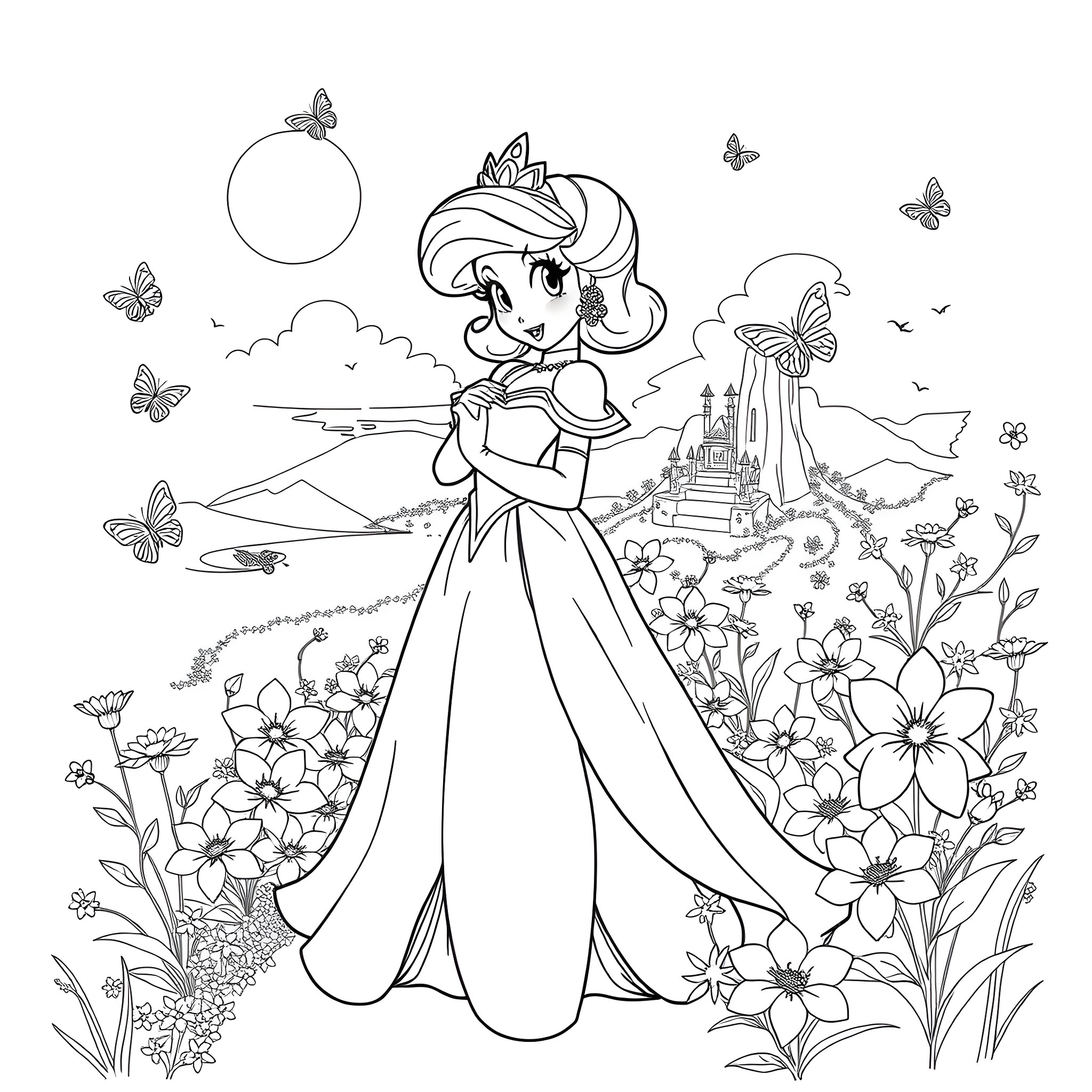 Princess in a Whimsical Garden with Butterflies Coloring Page (free black-and-white line drawing printable PDF for all, from beginners to advanced learners, including children, teens, adults, and seniors)