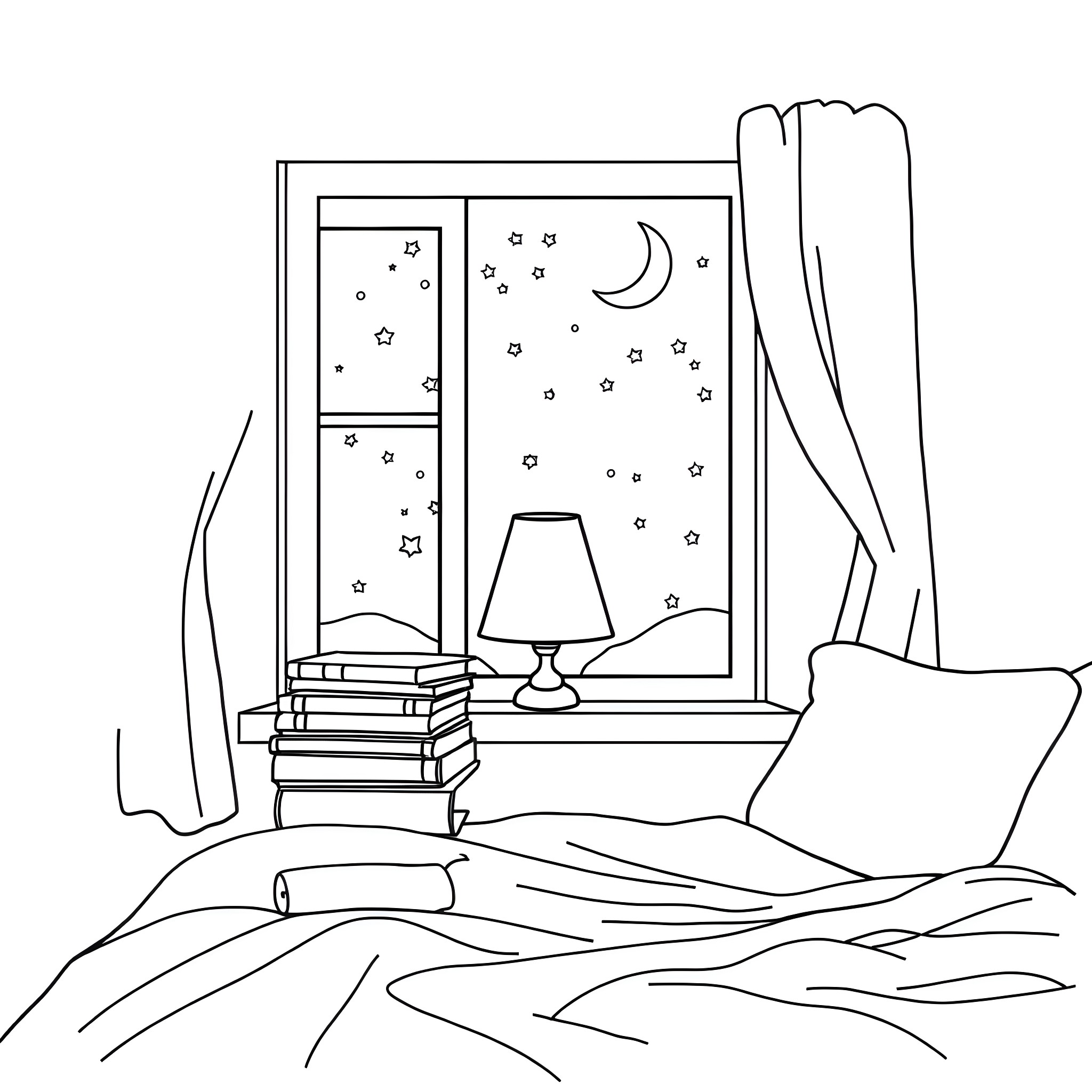 Night Cozy Bedroom with Books and Moonlight Coloring Page (free black-and-white line drawing printable PDF for all, from beginners to advanced learners, including children, teens, adults, and seniors)