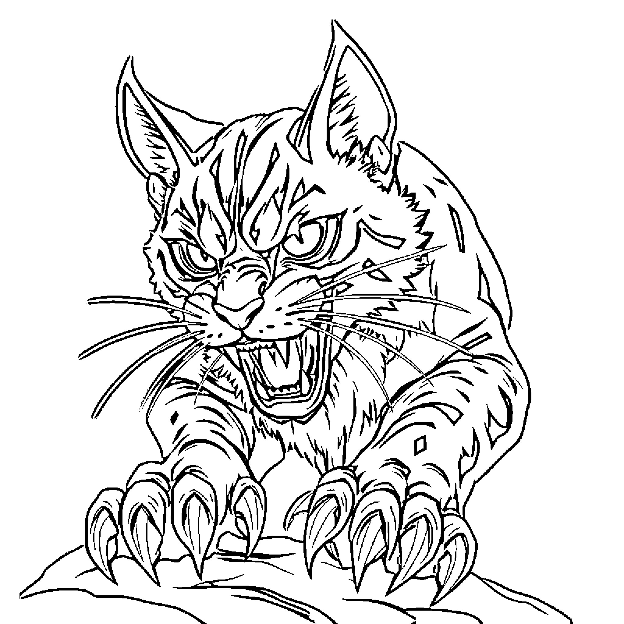 Cat with intense expression and claws Coloring Page (free black-and-white line drawing printable PDF for all, from beginners to advanced learners, including children, teens, adults, and seniors)