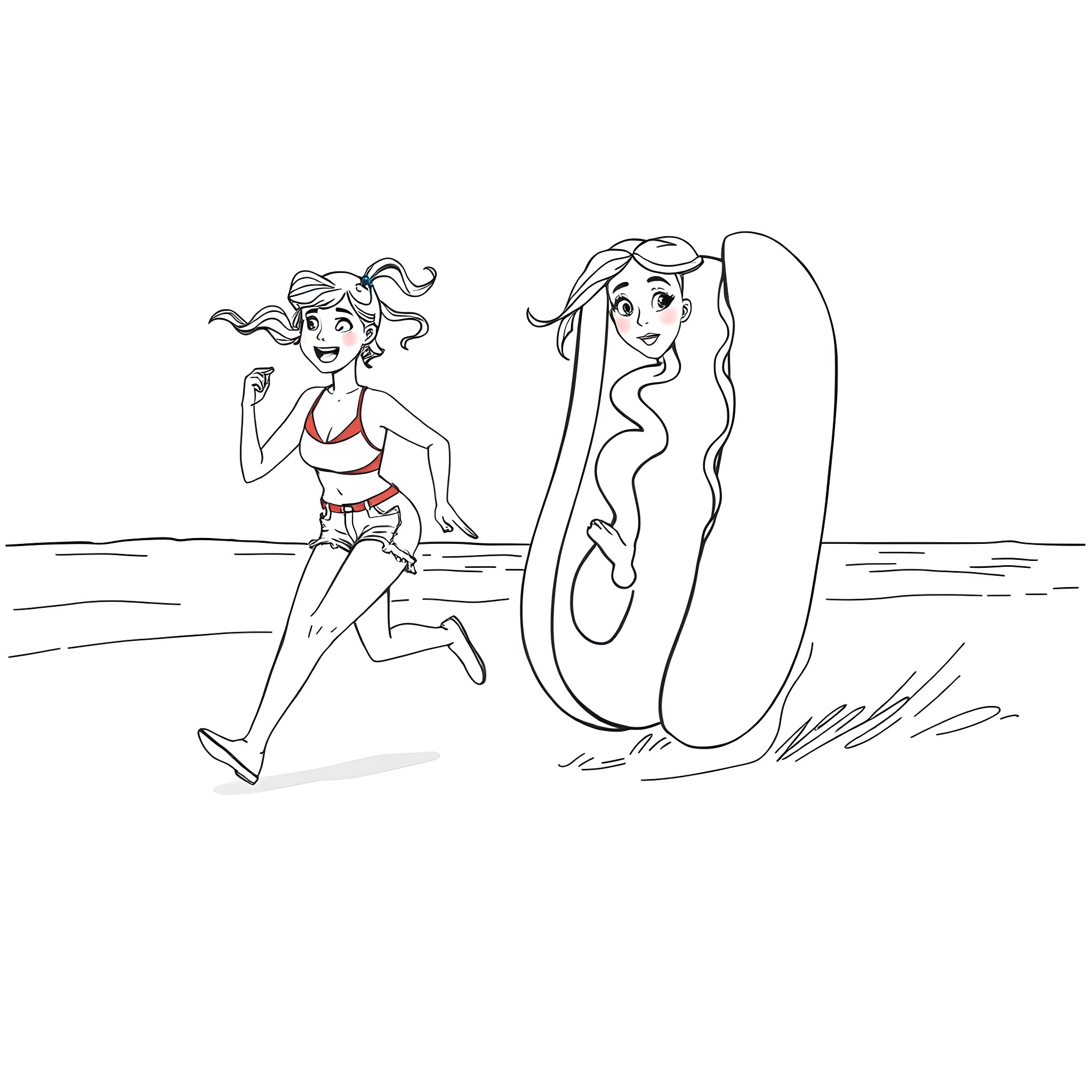 Women enjoying a summer beach day Coloring Page (free black-and-white line drawing printable PDF for all, from beginners to advanced learners, including children, teens, adults, and seniors)