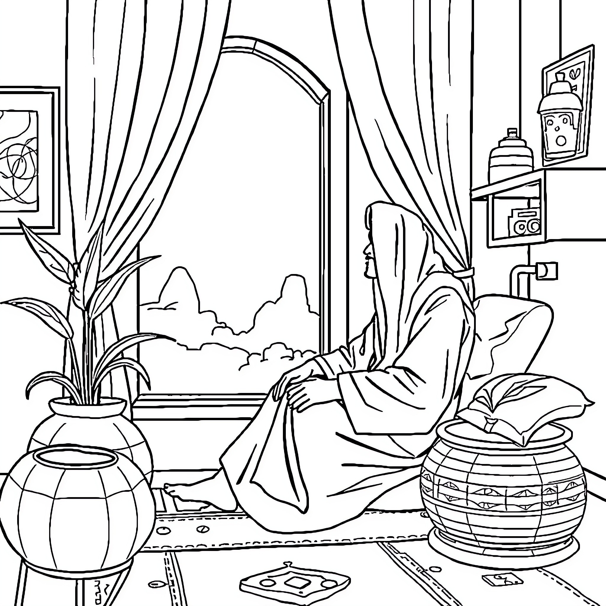 Muhad's Serene Study Sanctuary Coloring Page (free black-and-white line drawing printable PDF for all, from beginners to advanced learners, including children, teens, adults, and seniors)